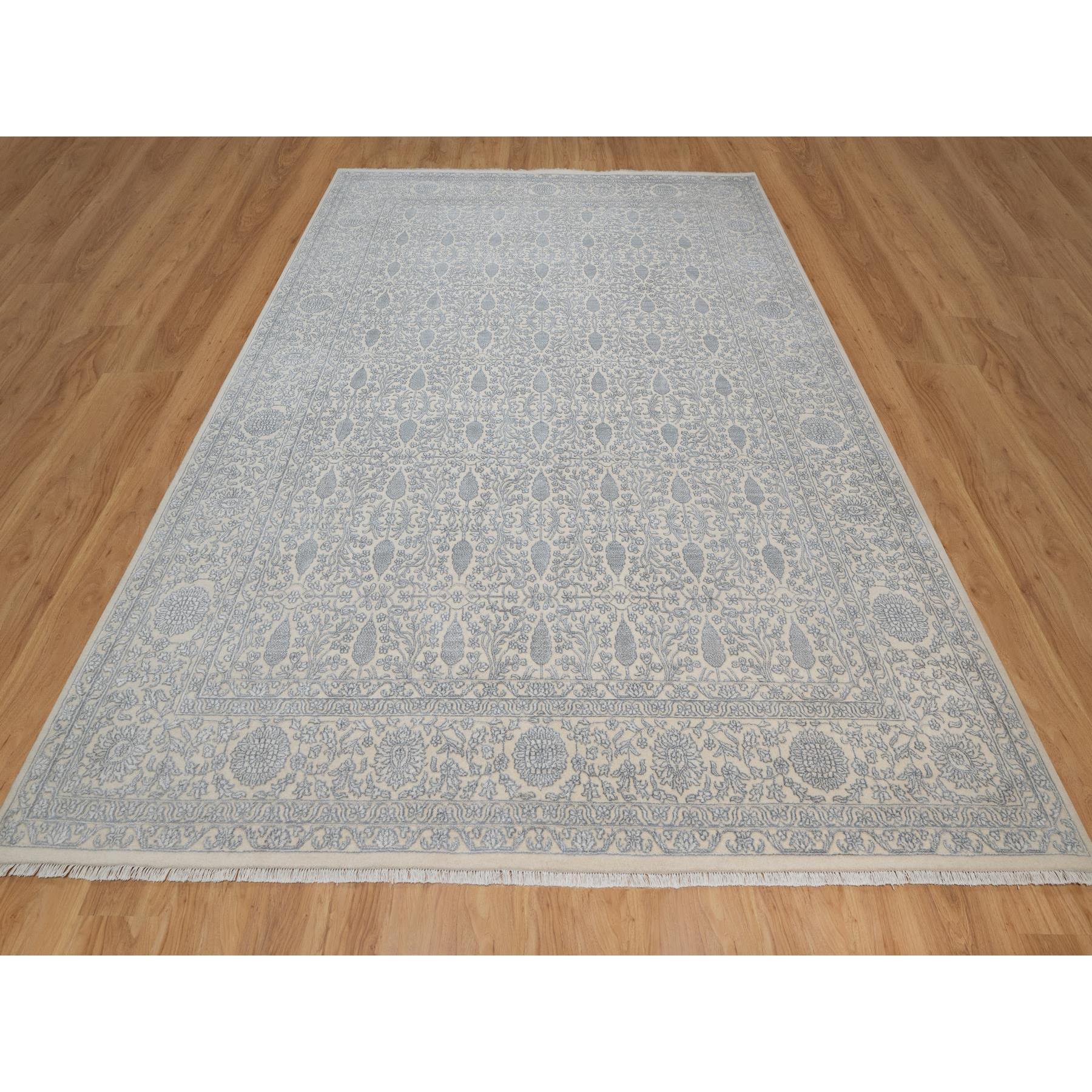 9'x12'1" Chiffon White, Light Tone on Tone with Persian Design with Repetitive Floral Motifs, Wool and Plant Based Silk, Thick and Plush, 200 KPSI, Hand Knotted, Oriental Rug Sh91353