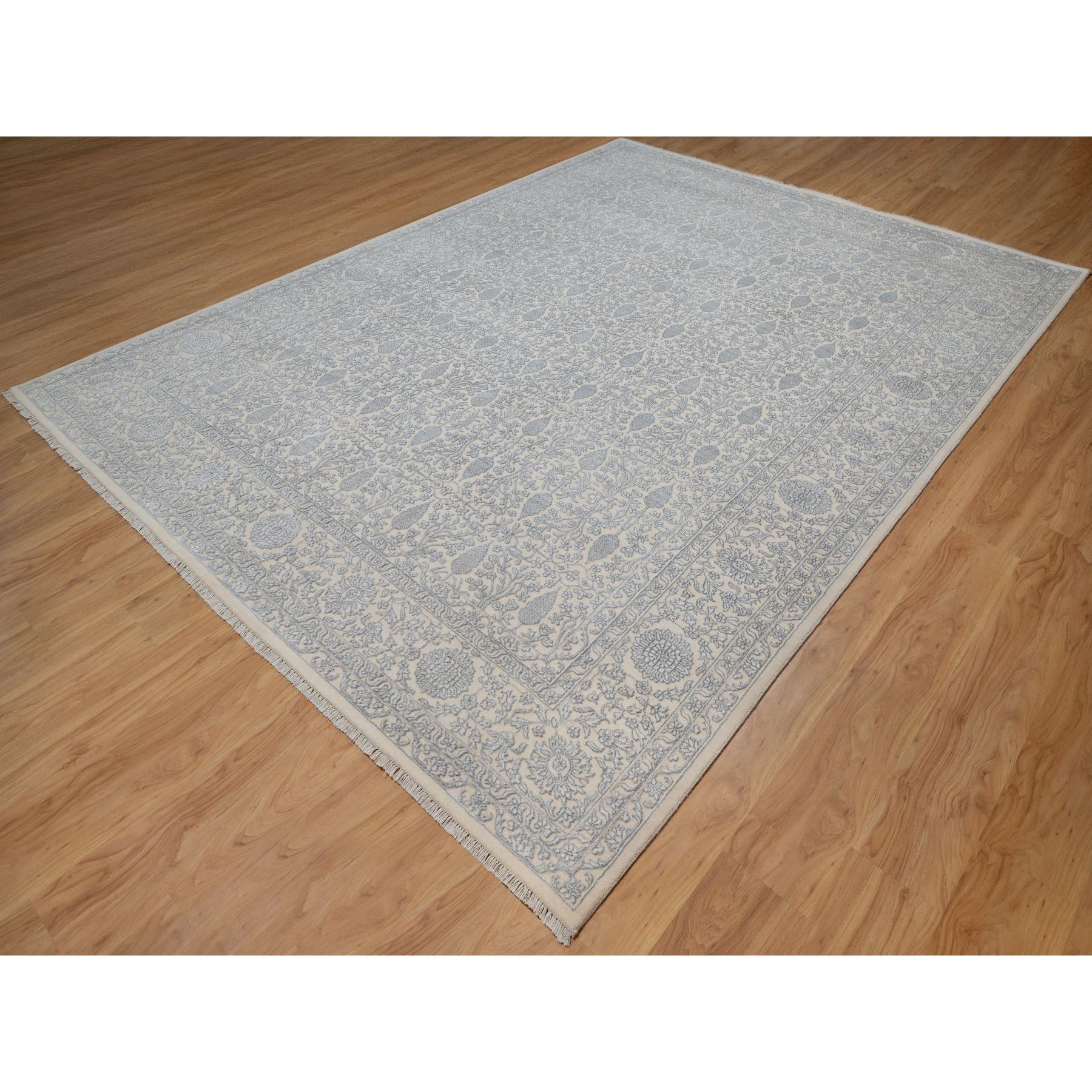 9'x12'1" Chiffon White, Light Tone on Tone with Persian Design with Repetitive Floral Motifs, Wool and Plant Based Silk, Thick and Plush, 200 KPSI, Hand Knotted, Oriental Rug Sh91353