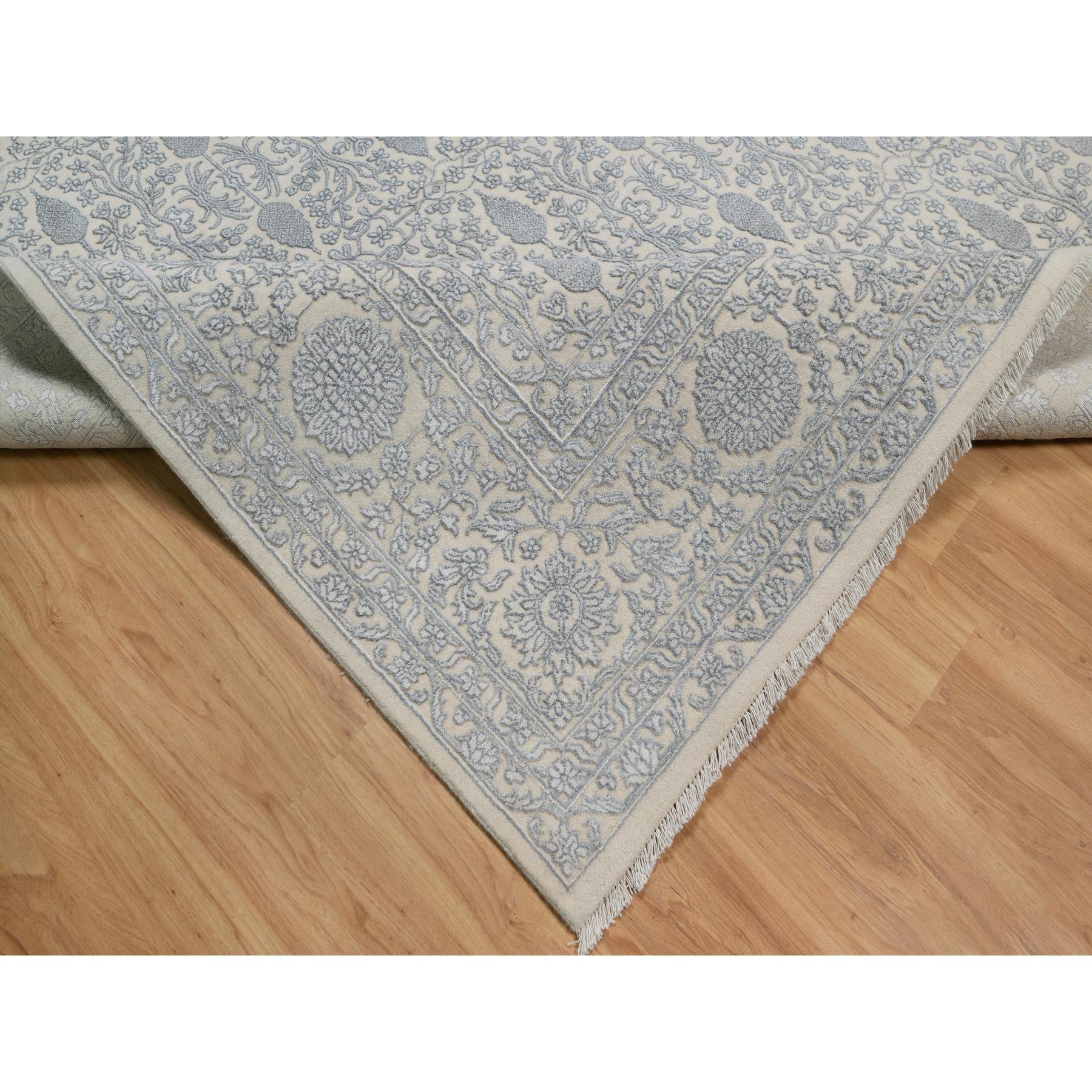9'x12'1" Chiffon White, Light Tone on Tone with Persian Design with Repetitive Floral Motifs, Wool and Plant Based Silk, Thick and Plush, 200 KPSI, Hand Knotted, Oriental Rug Sh91353