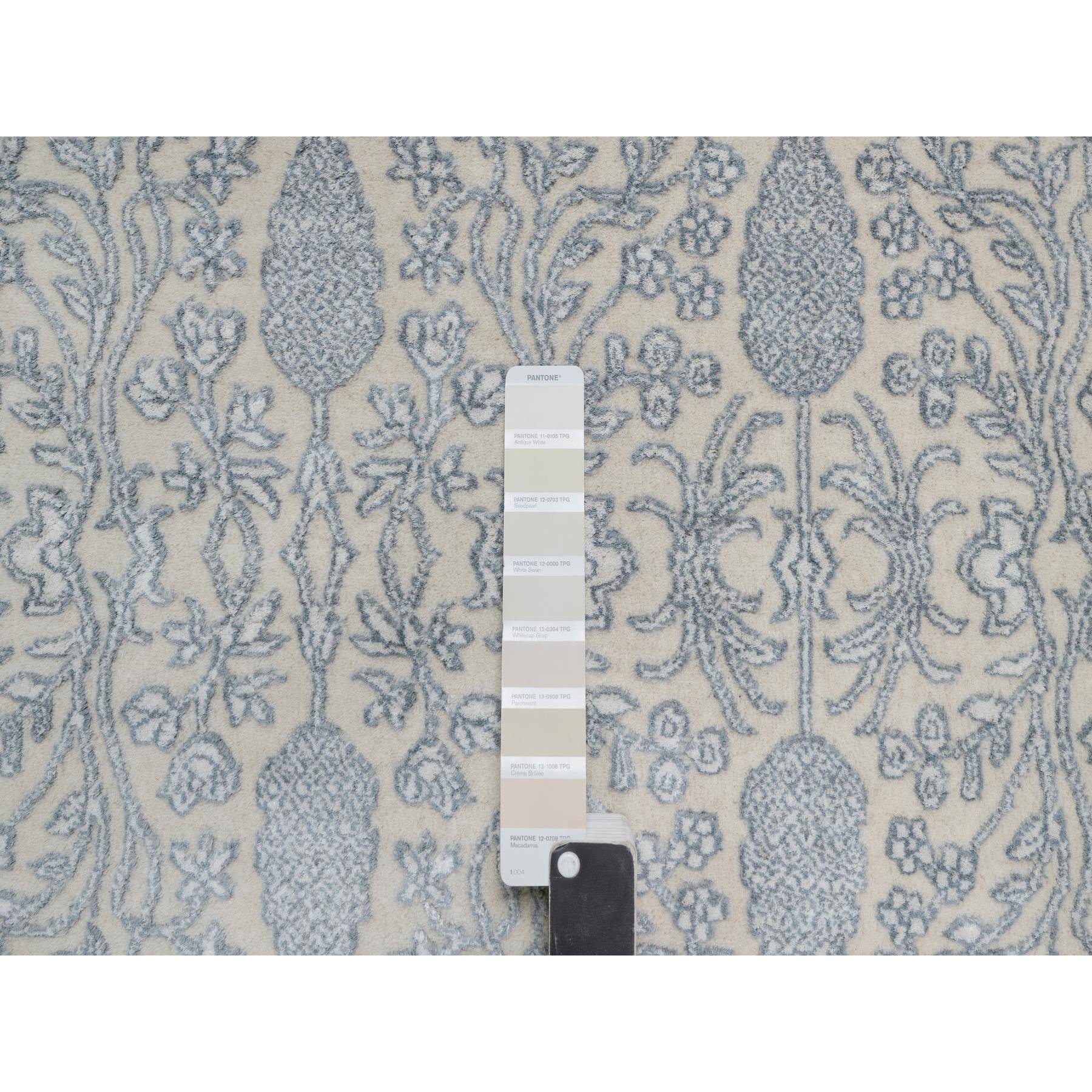 9'x12'1" Chiffon White, Light Tone on Tone with Persian Design with Repetitive Floral Motifs, Wool and Plant Based Silk, Thick and Plush, 200 KPSI, Hand Knotted, Oriental Rug Sh91353