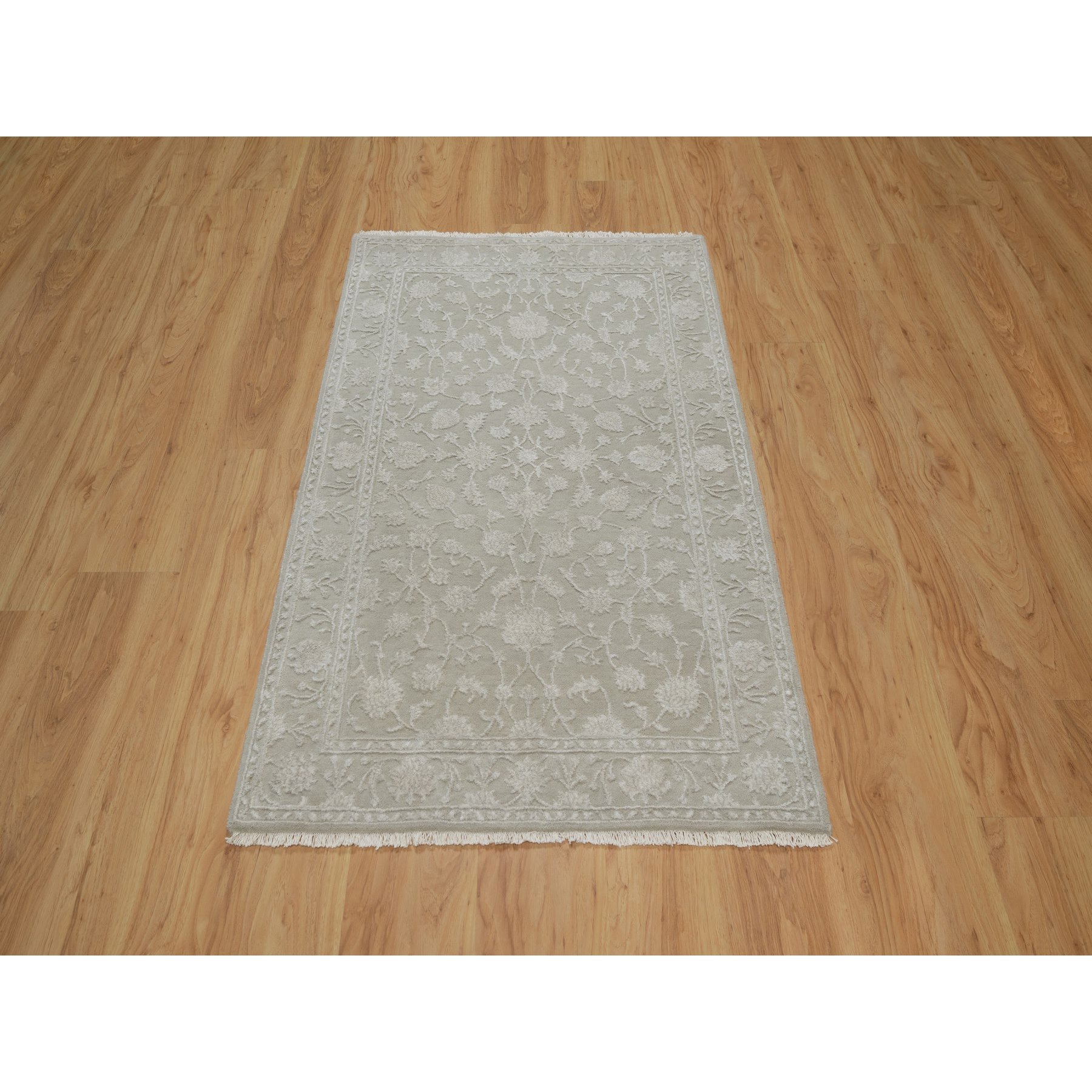 3'1"x5' Stone Gray, Hand Knotted, Light Tone on Tone with Persian Design, Wool and Plant Based Silk, Thick and Plush, 200 KPSI, Oriental Rug Sh91354