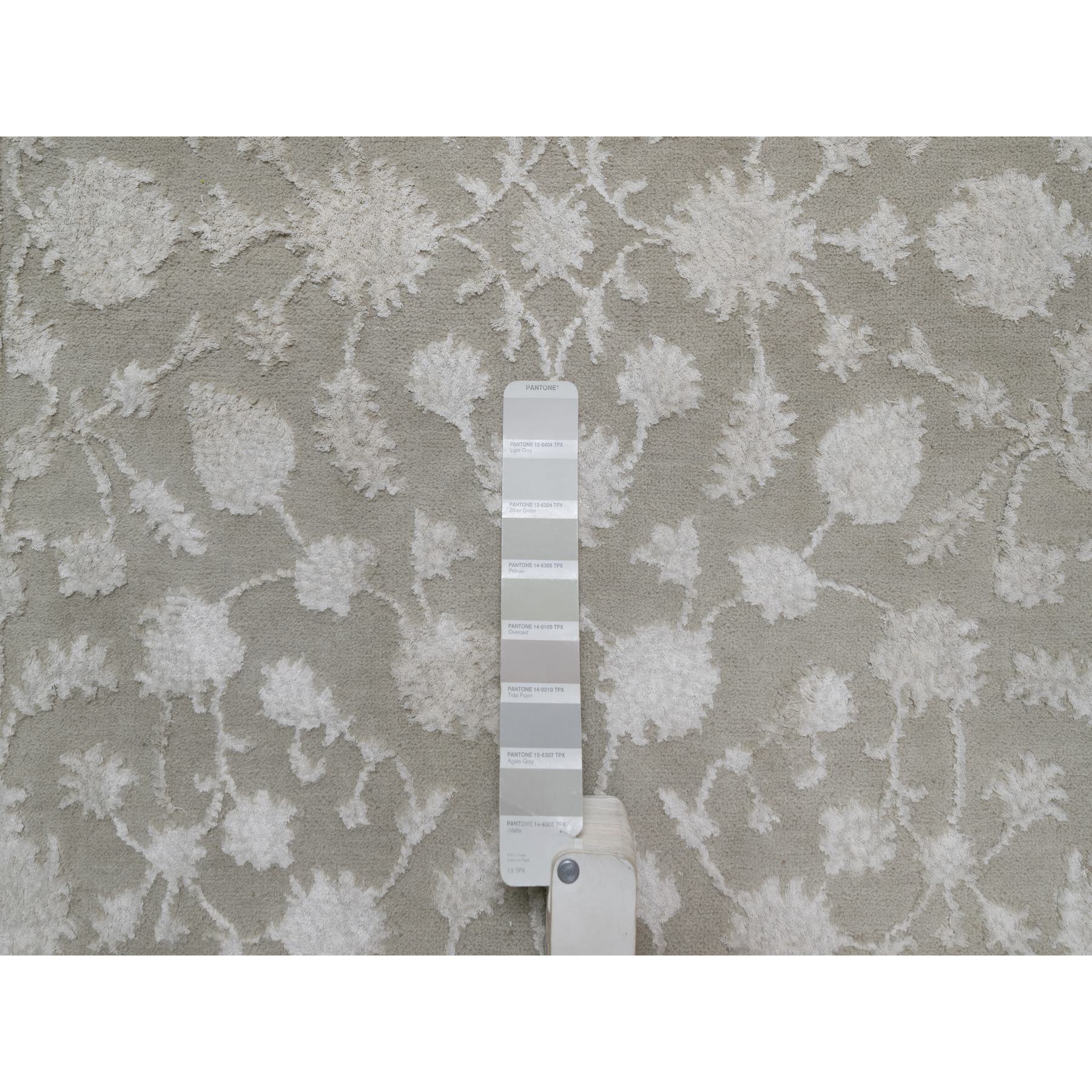 3'1"x5' Stone Gray, Hand Knotted, Light Tone on Tone with Persian Design, Wool and Plant Based Silk, Thick and Plush, 200 KPSI, Oriental Rug Sh91354