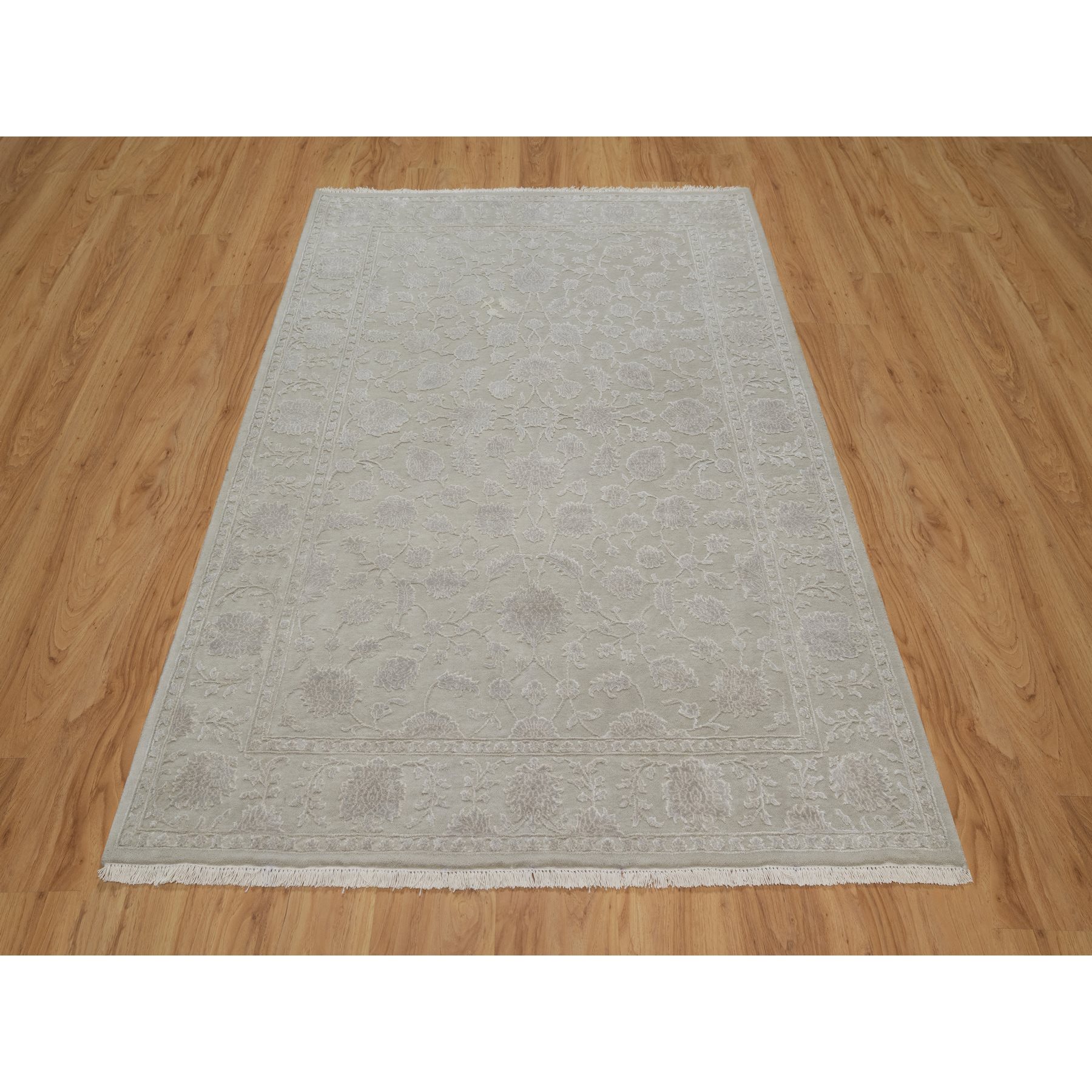 4'9"x6'10" Stone Gray, 200 KPSI, Light Tone on Tone with Persian Design, Wool and Plant Based Silk, Thick and Plush, Hand Knotted, Oriental Rug Sh91356