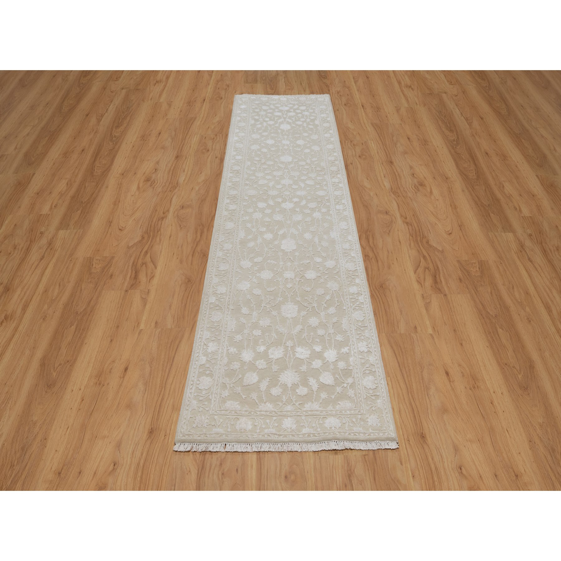 2'8"x10'3" Dark Vanilla Brown, Light Tone on Tone with Persian Design, Wool and Plant Based Silk, Thick and Plush, 200 KPSI, Hand Knotted, Runner, Oriental Rug Sh91357