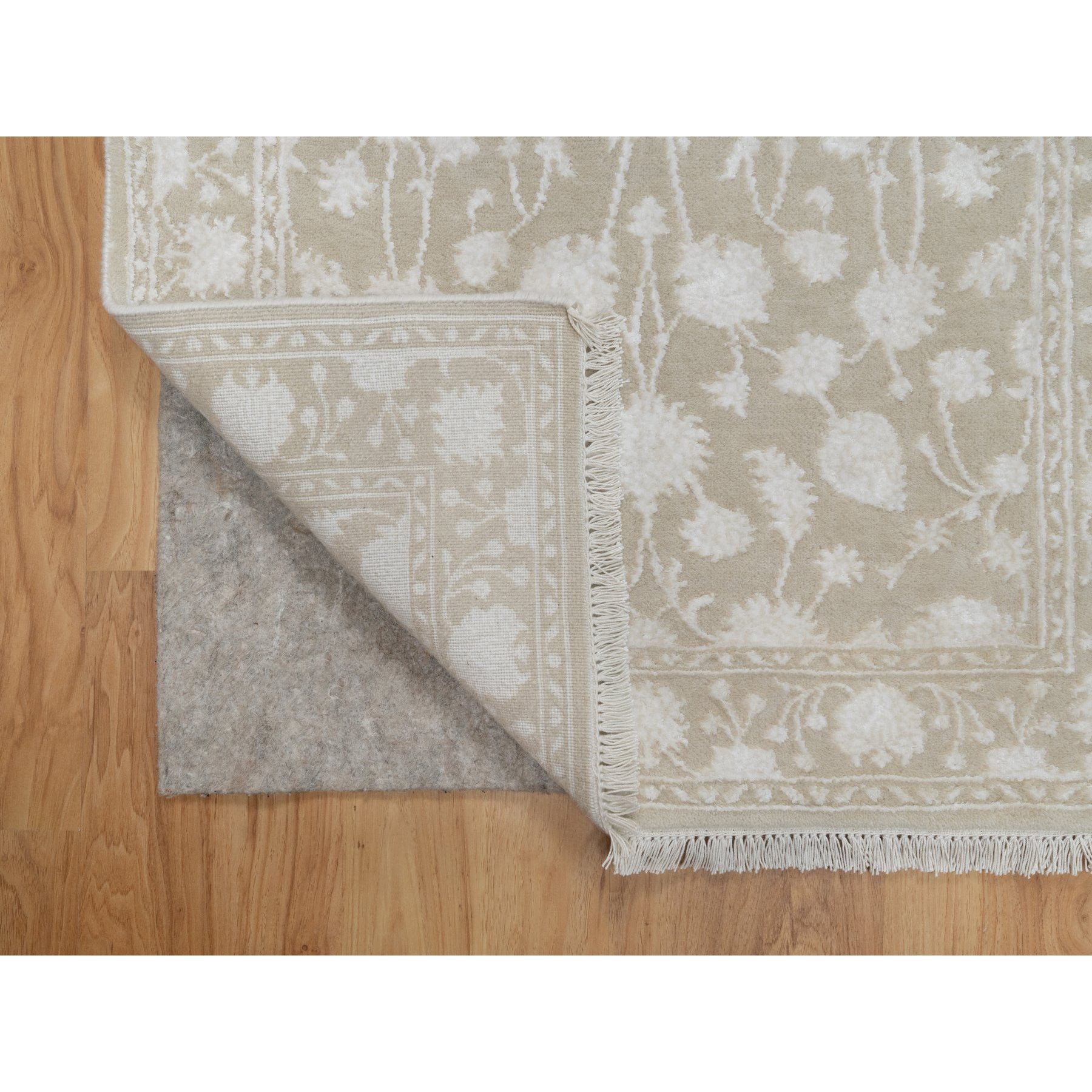 2'8"x10'3" Dark Vanilla Brown, Light Tone on Tone with Persian Design, Wool and Plant Based Silk, Thick and Plush, 200 KPSI, Hand Knotted, Runner, Oriental Rug Sh91357