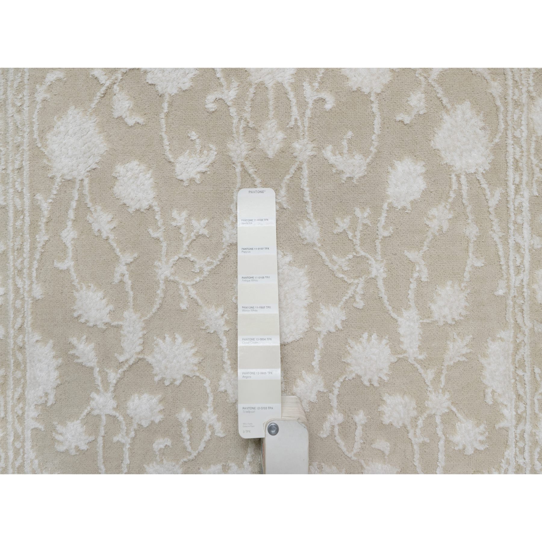2'8"x10'3" Dark Vanilla Brown, Light Tone on Tone with Persian Design, Wool and Plant Based Silk, Thick and Plush, 200 KPSI, Hand Knotted, Runner, Oriental Rug Sh91357