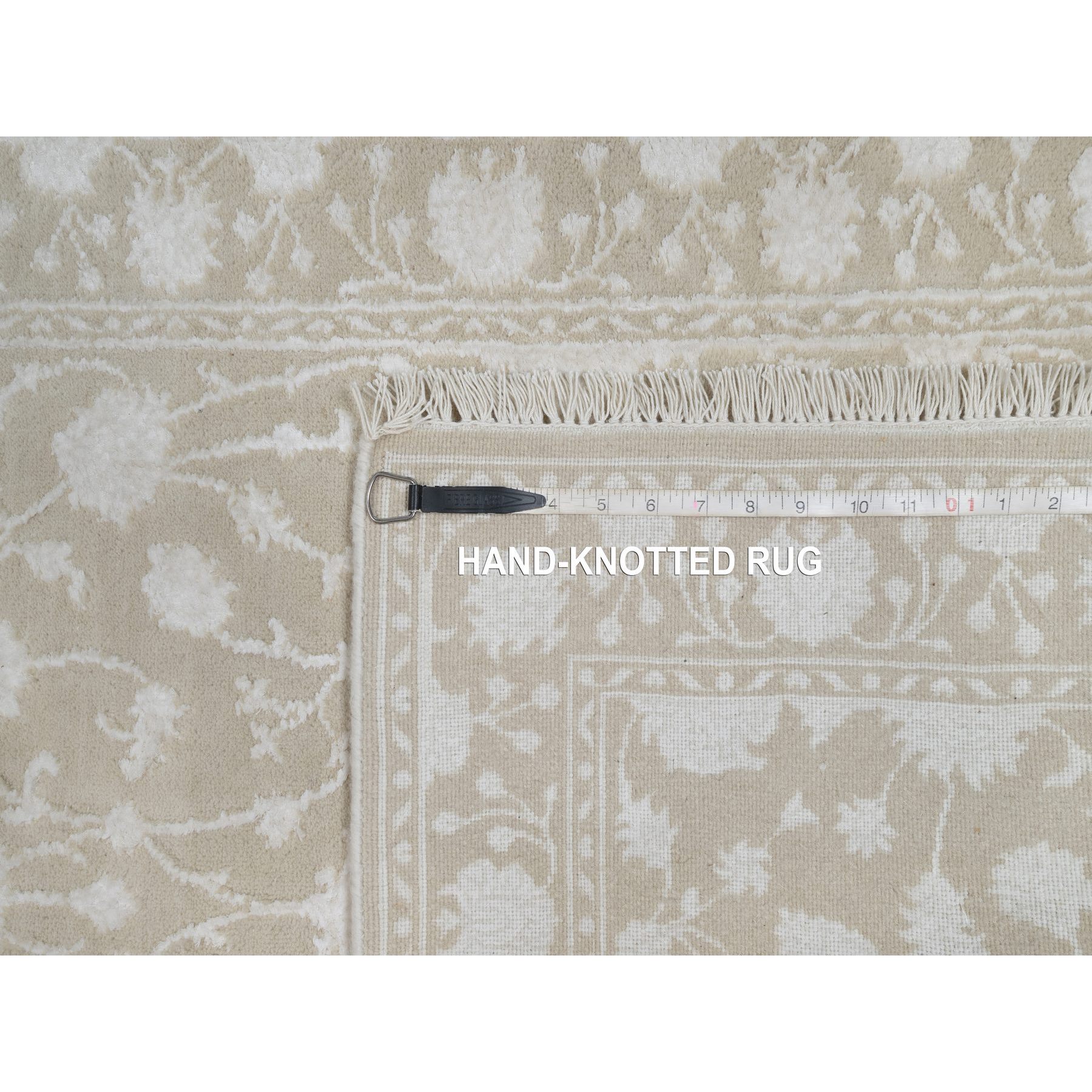 2'8"x10'3" Dark Vanilla Brown, Light Tone on Tone with Persian Design, Wool and Plant Based Silk, Thick and Plush, 200 KPSI, Hand Knotted, Runner, Oriental Rug Sh91357