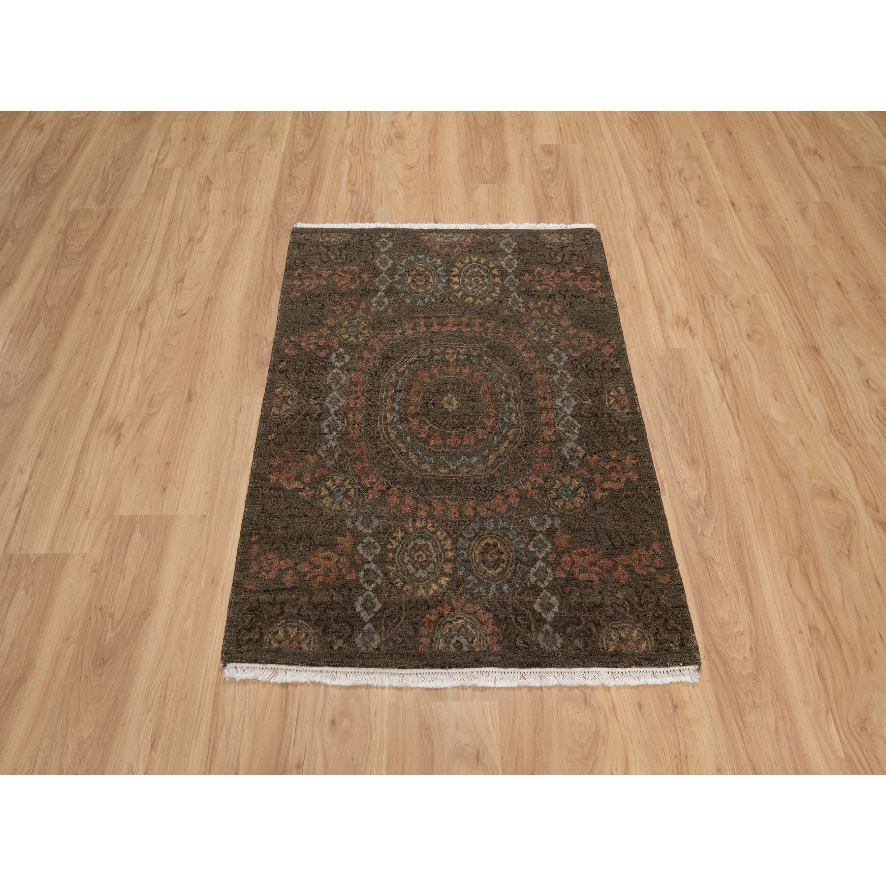 3'x4' Chocolate Brown, Mamluk Design, Pure 100% Himalayan Wool, Vegetable Dyes, Hand Knotted, Mat, Oriental Rug Sh91358