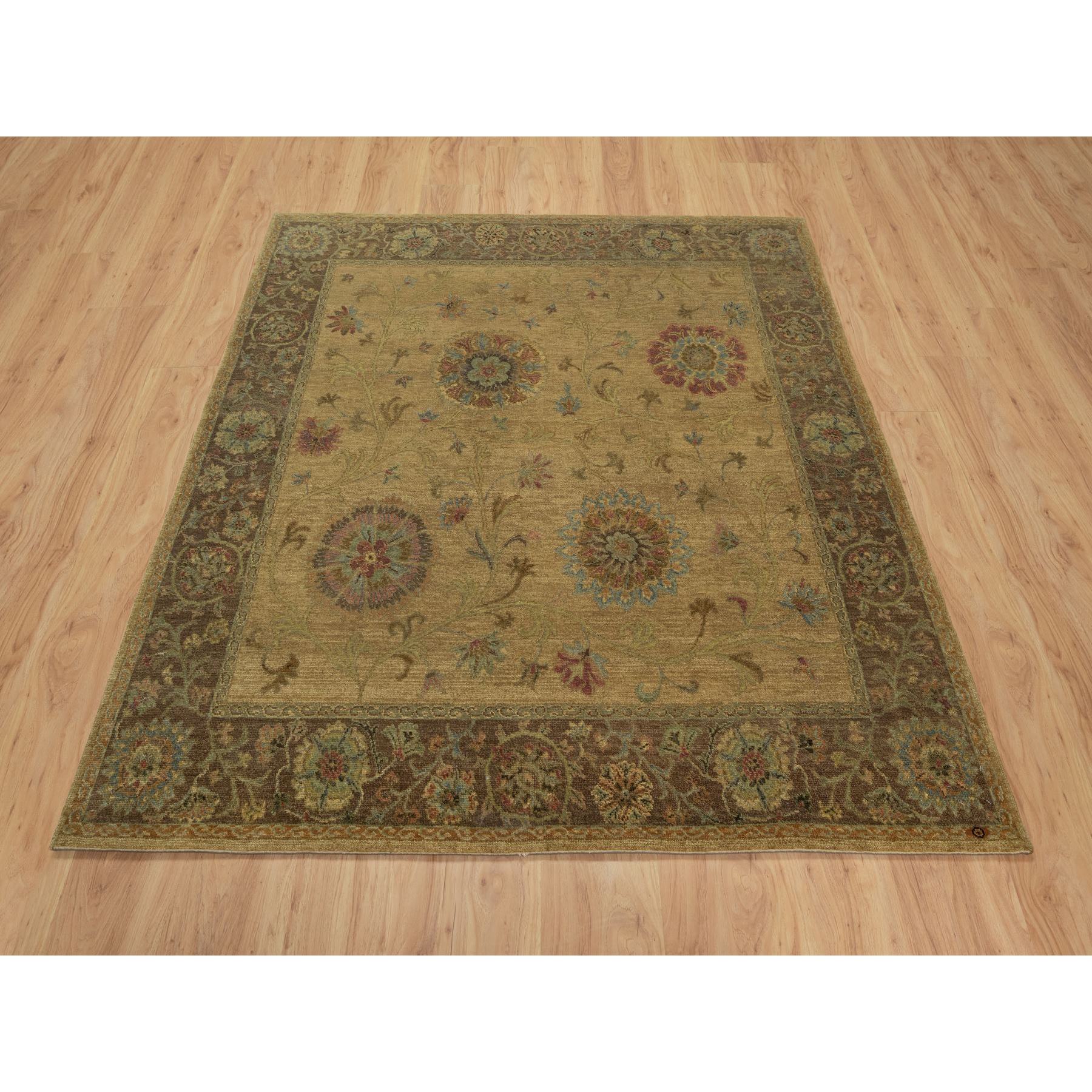 5'5"x5'10" Peanut Brown, Botanical Design, Pure 100% Himalayan Wool, Natural Dyes, Hand Knotted, Squarish, Oriental Rug Sh91361