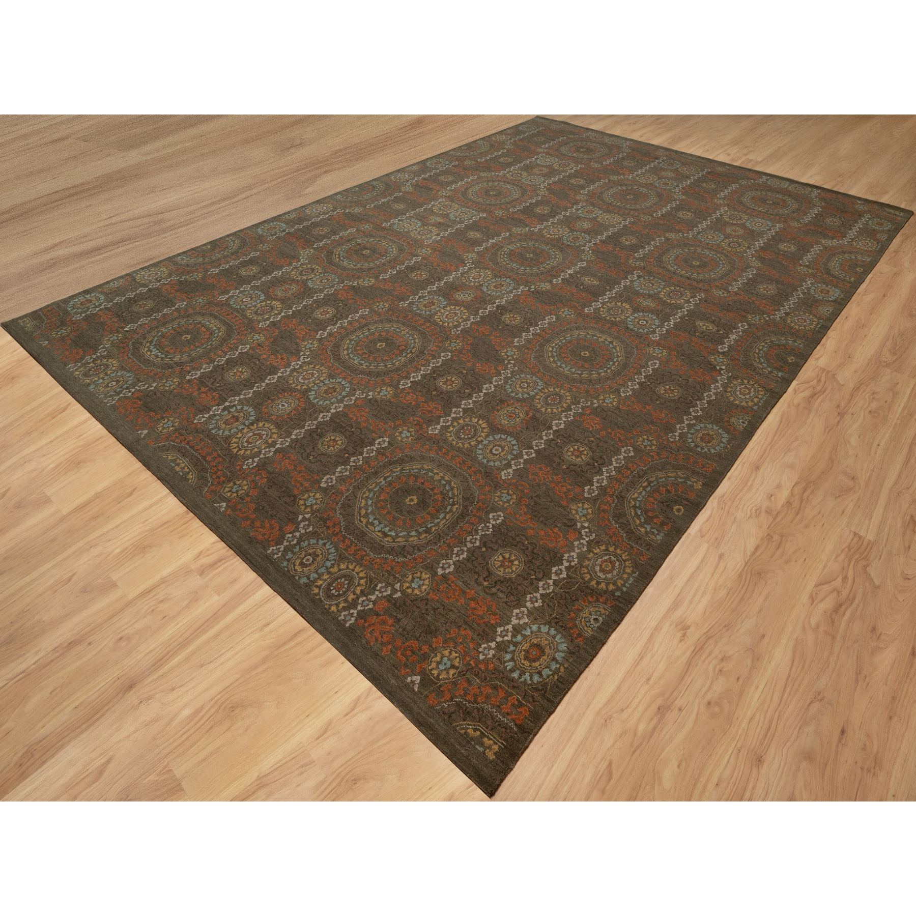 10'1"x15'1" Mocha Brown, Hand Knotted, Mamluk Design, Pure 100% Himalayan Wool, Vegetable Dyes, Oversized, Oriental Rug Sh91363