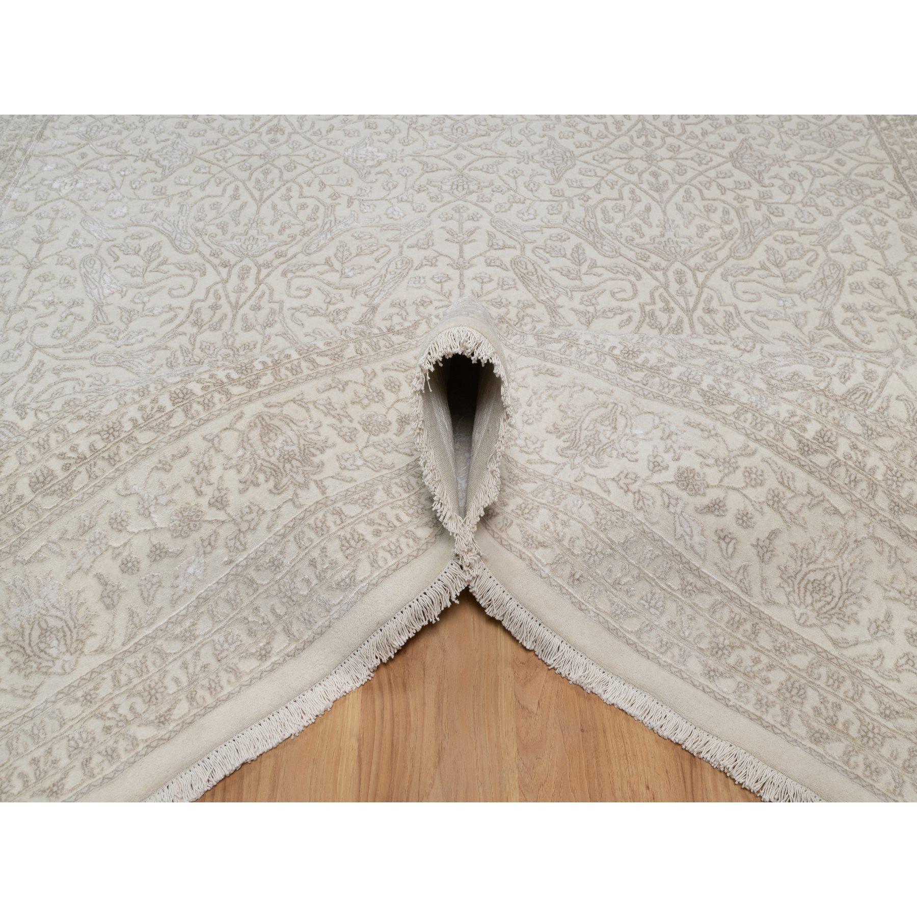 9'1"x12'1" Alabaster White, Wool and Plant Based Silk, Light Tone on Tone with Persian Design, Thick and Plush, 200 KPSI, Hand Knotted, Oriental Rug Sh91365