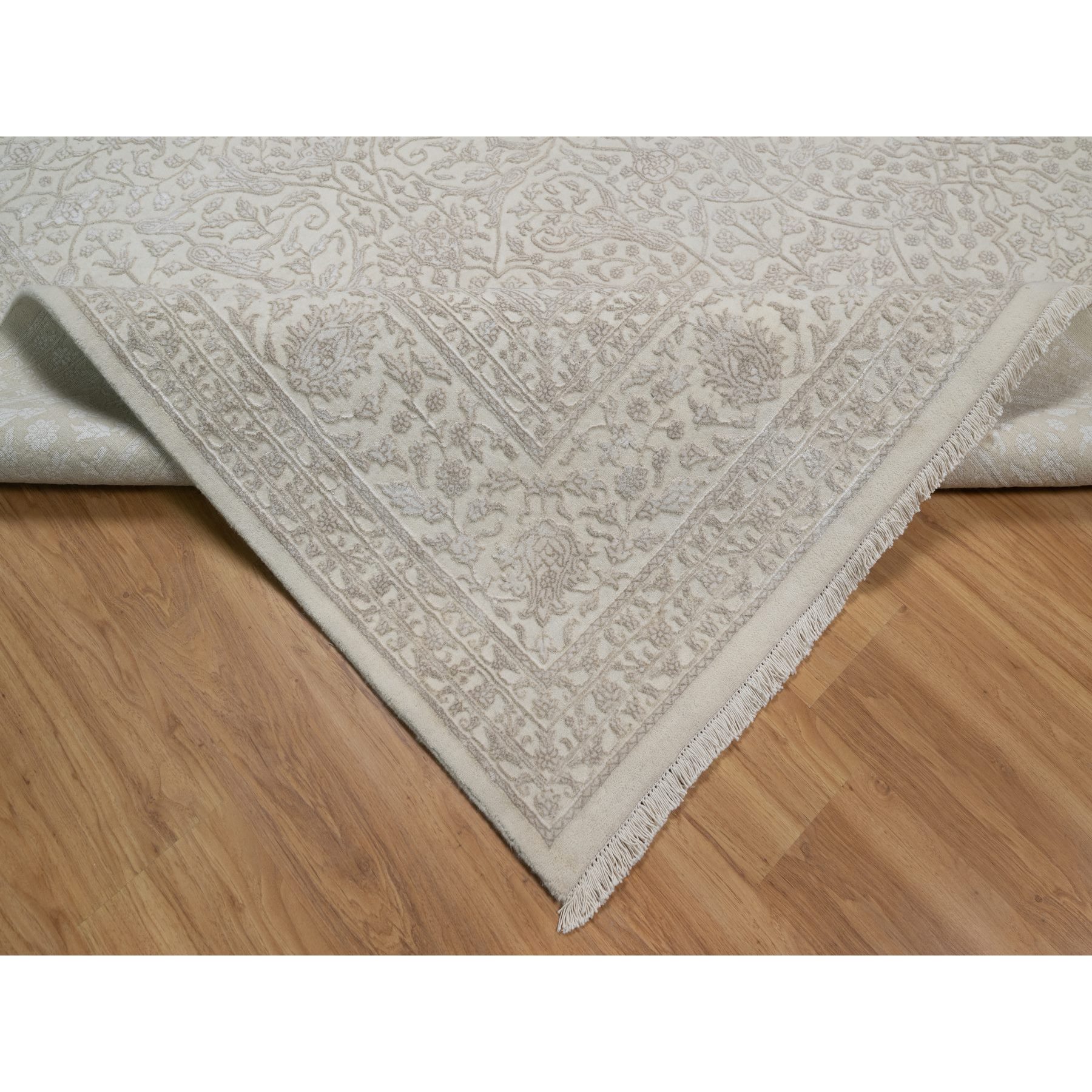 9'1"x12'1" Alabaster White, Wool and Plant Based Silk, Light Tone on Tone with Persian Design, Thick and Plush, 200 KPSI, Hand Knotted, Oriental Rug Sh91365