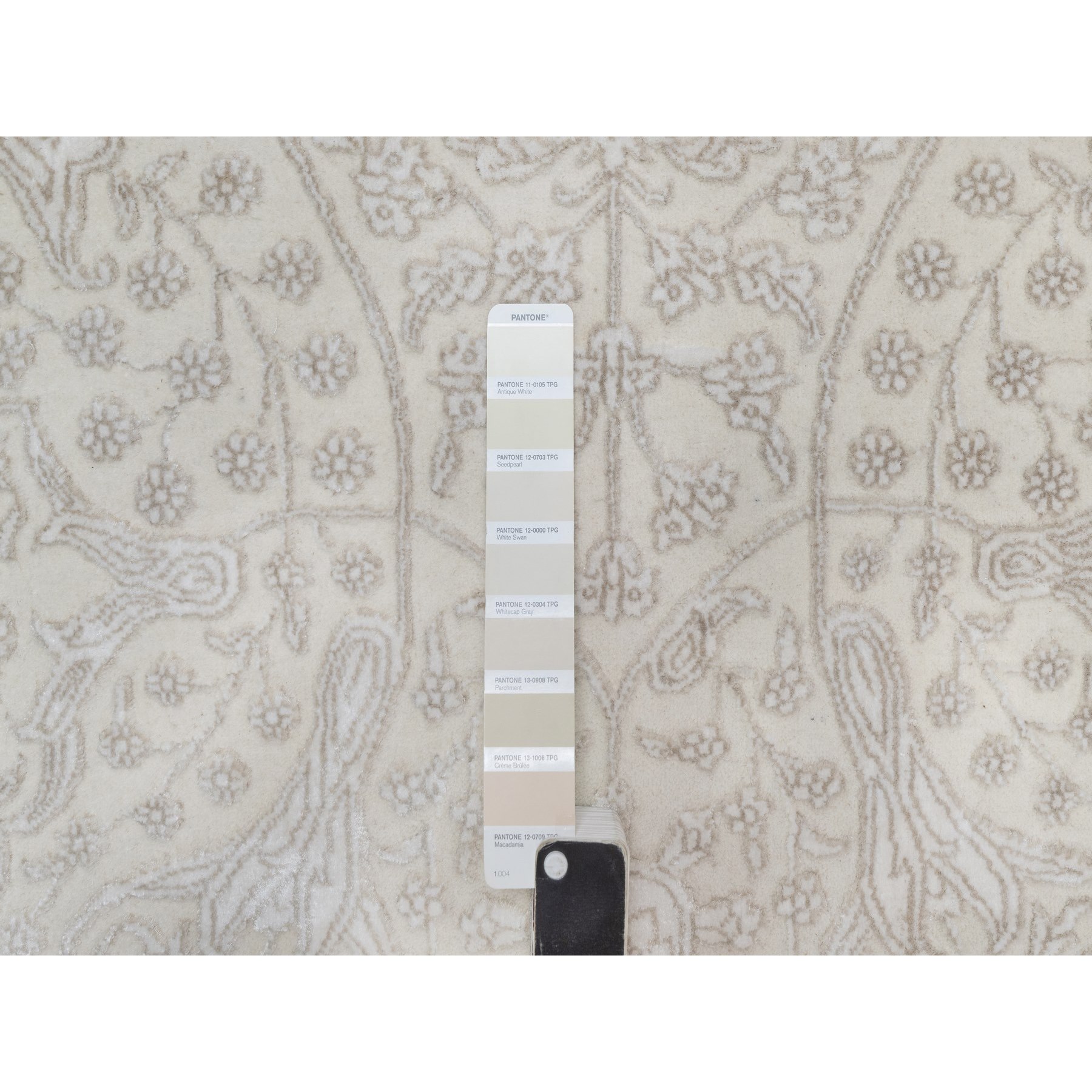9'1"x12'1" Alabaster White, Wool and Plant Based Silk, Light Tone on Tone with Persian Design, Thick and Plush, 200 KPSI, Hand Knotted, Oriental Rug Sh91365