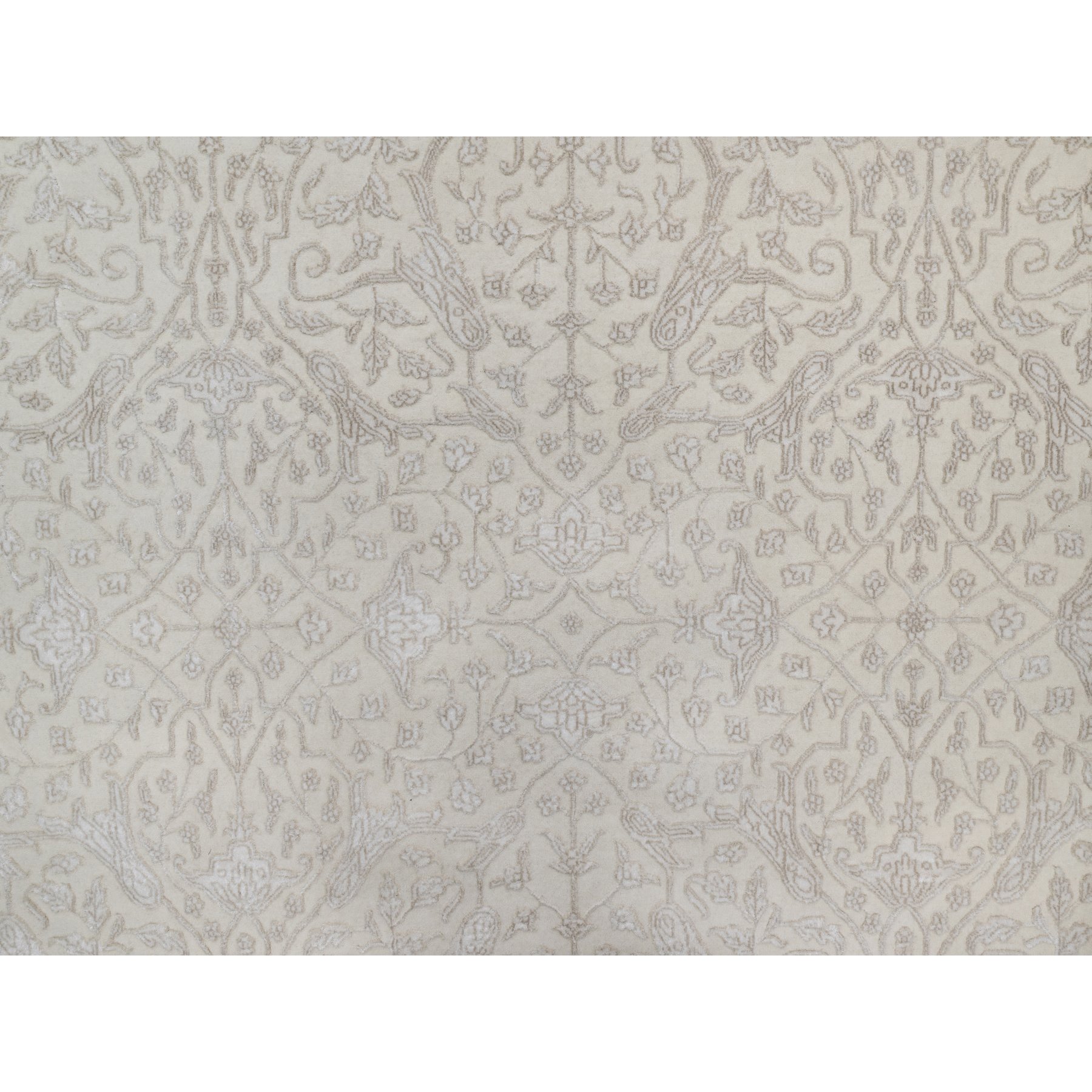 9'1"x12'1" Alabaster White, Wool and Plant Based Silk, Light Tone on Tone with Persian Design, Thick and Plush, 200 KPSI, Hand Knotted, Oriental Rug Sh91365