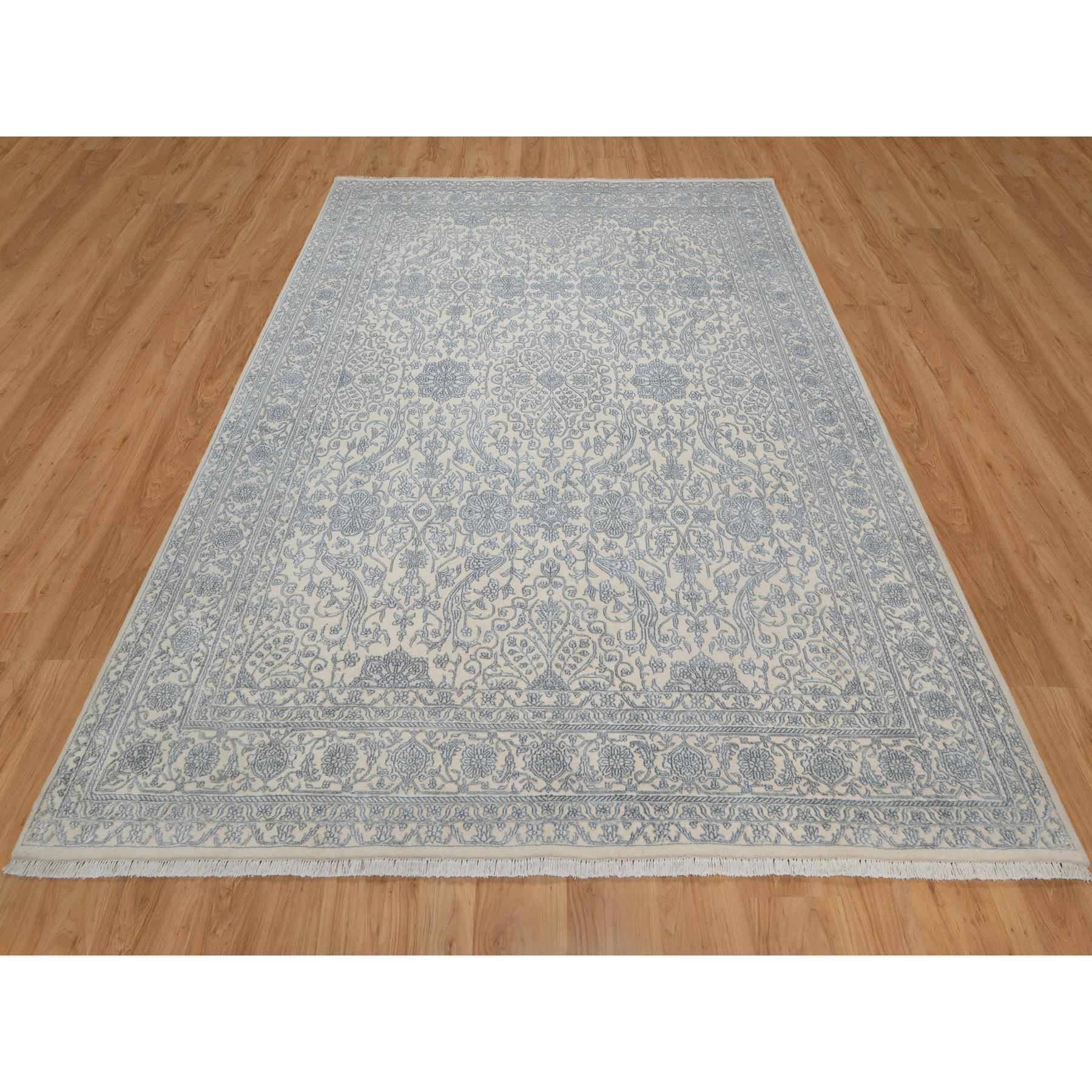 7'9"x10'2" Chiffon White, Light Tone on Tone with Persian Design, Wool and Plant Based Silk, Thick and Plush, 200 KPSI, Hand Knotted, Oriental Rug Sh91366