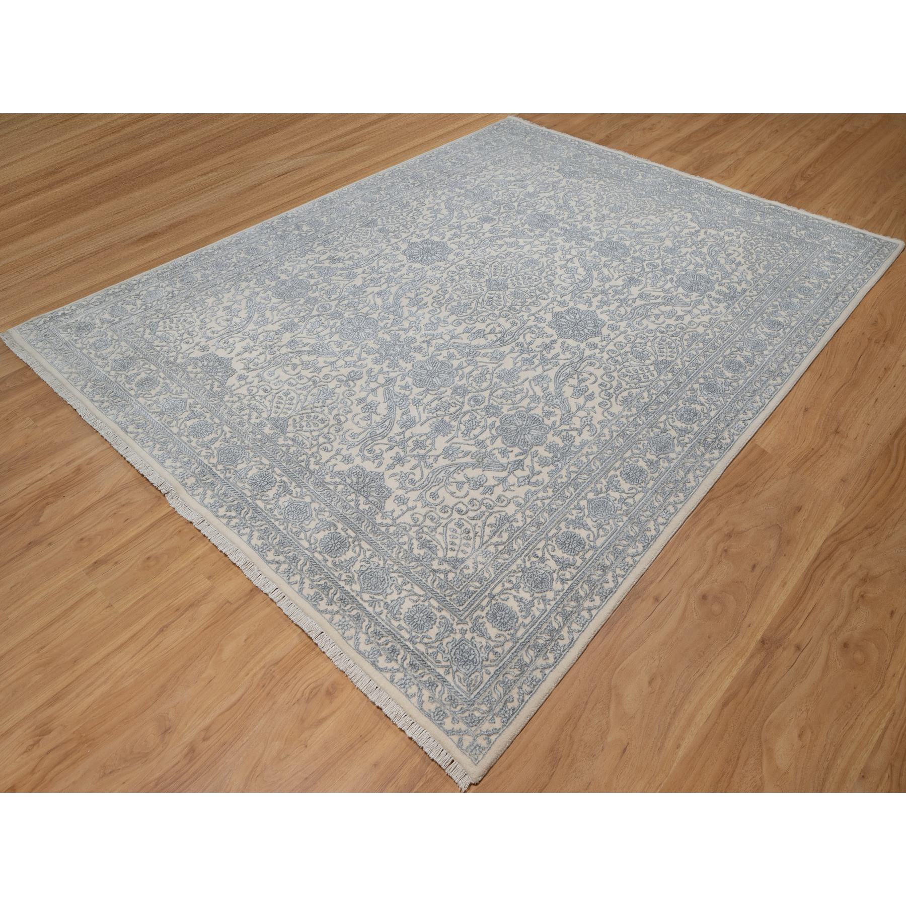 7'9"x10'2" Chiffon White, Light Tone on Tone with Persian Design, Wool and Plant Based Silk, Thick and Plush, 200 KPSI, Hand Knotted, Oriental Rug Sh91366