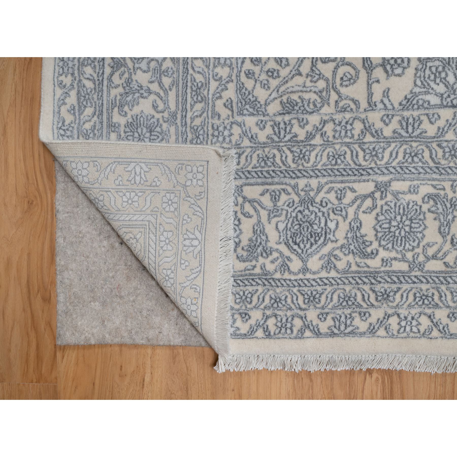7'9"x10'2" Chiffon White, Light Tone on Tone with Persian Design, Wool and Plant Based Silk, Thick and Plush, 200 KPSI, Hand Knotted, Oriental Rug Sh91366