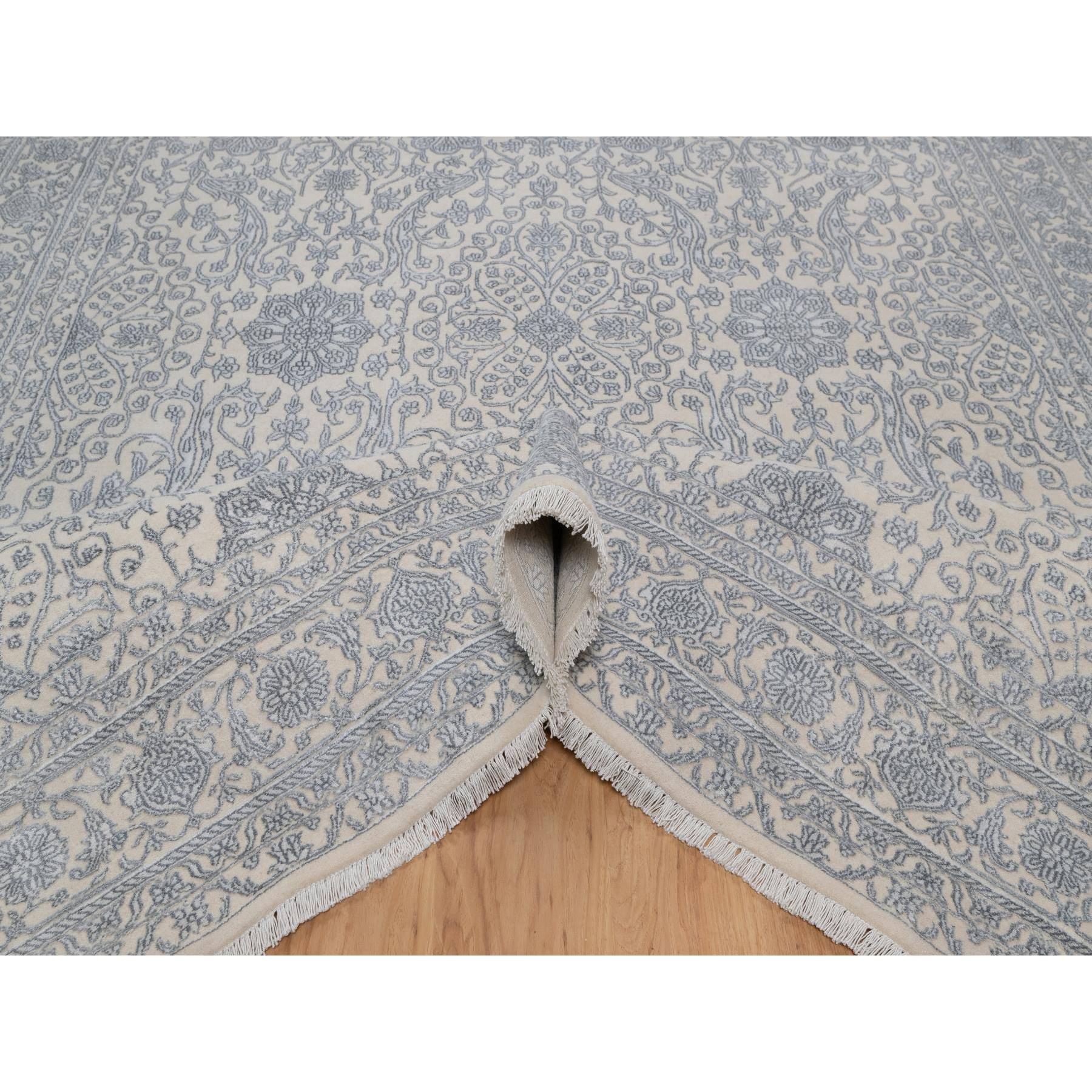 7'9"x10'2" Chiffon White, Light Tone on Tone with Persian Design, Wool and Plant Based Silk, Thick and Plush, 200 KPSI, Hand Knotted, Oriental Rug Sh91366