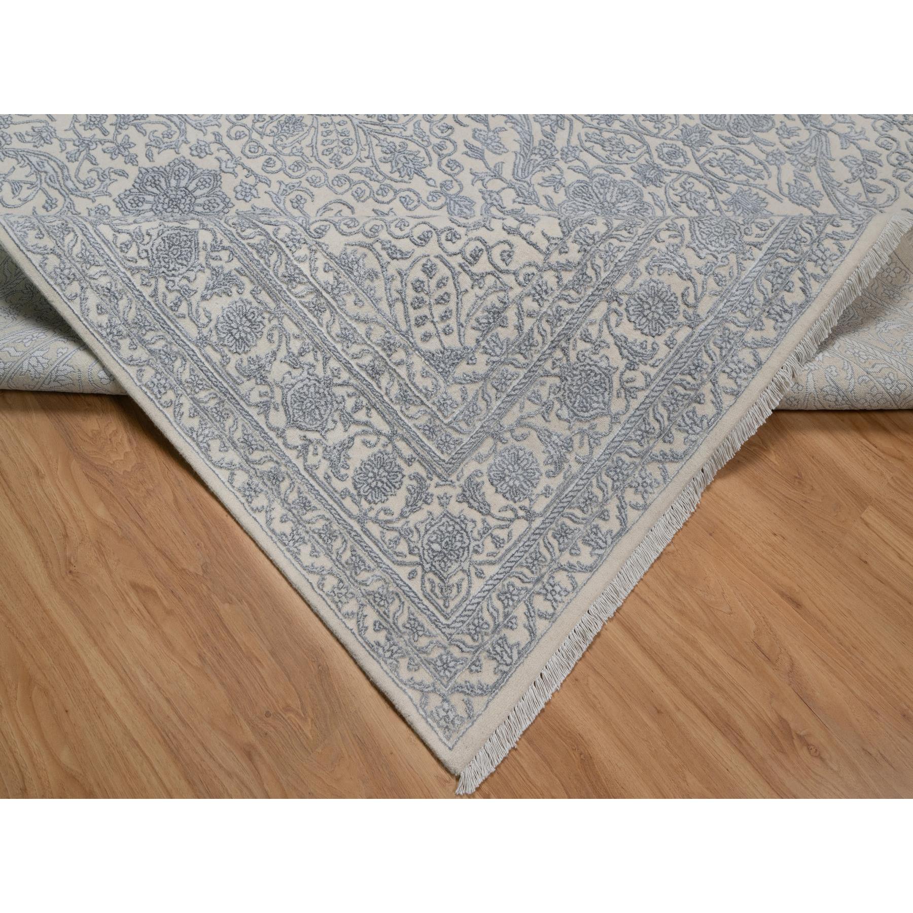 7'9"x10'2" Chiffon White, Light Tone on Tone with Persian Design, Wool and Plant Based Silk, Thick and Plush, 200 KPSI, Hand Knotted, Oriental Rug Sh91366