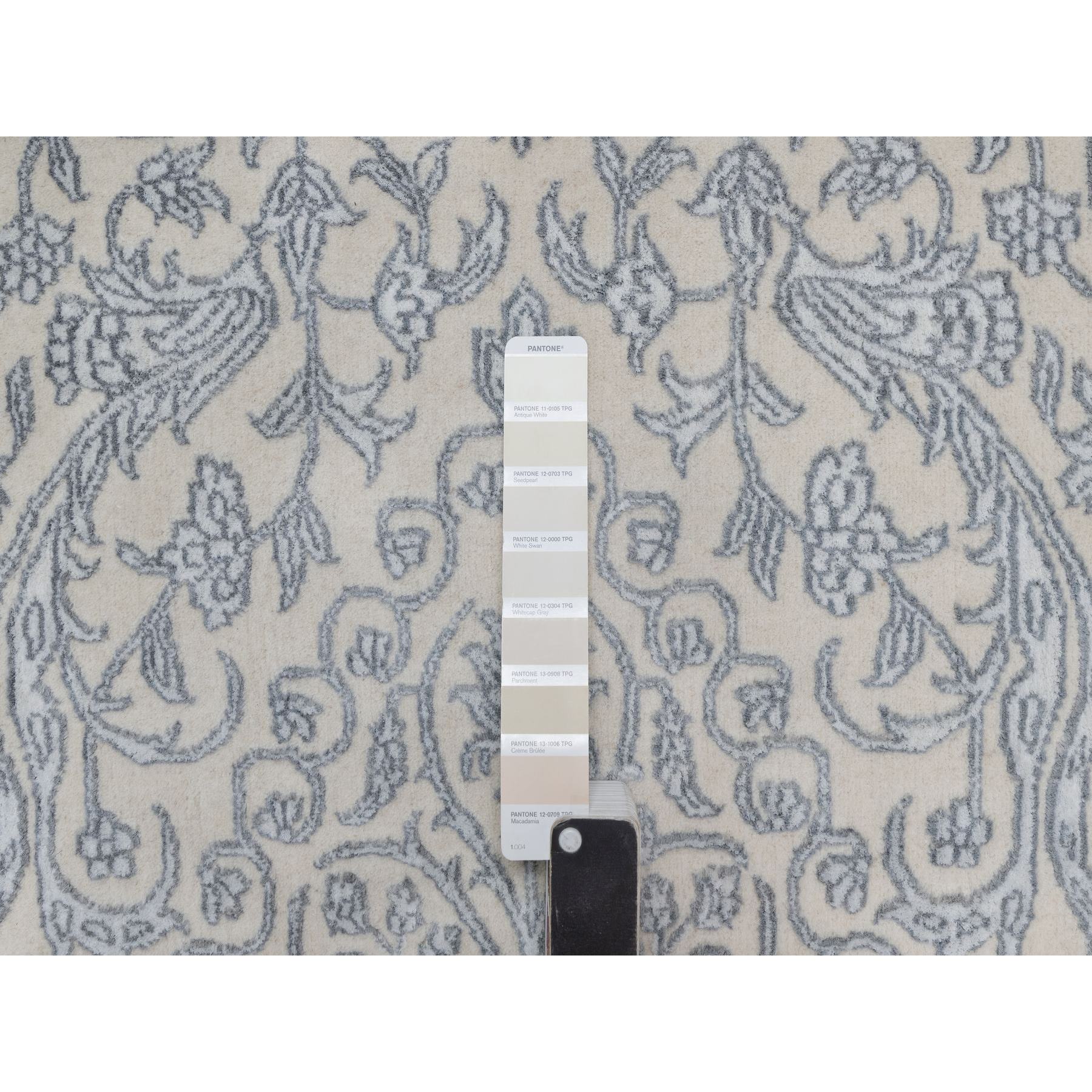 7'9"x10'2" Chiffon White, Light Tone on Tone with Persian Design, Wool and Plant Based Silk, Thick and Plush, 200 KPSI, Hand Knotted, Oriental Rug Sh91366