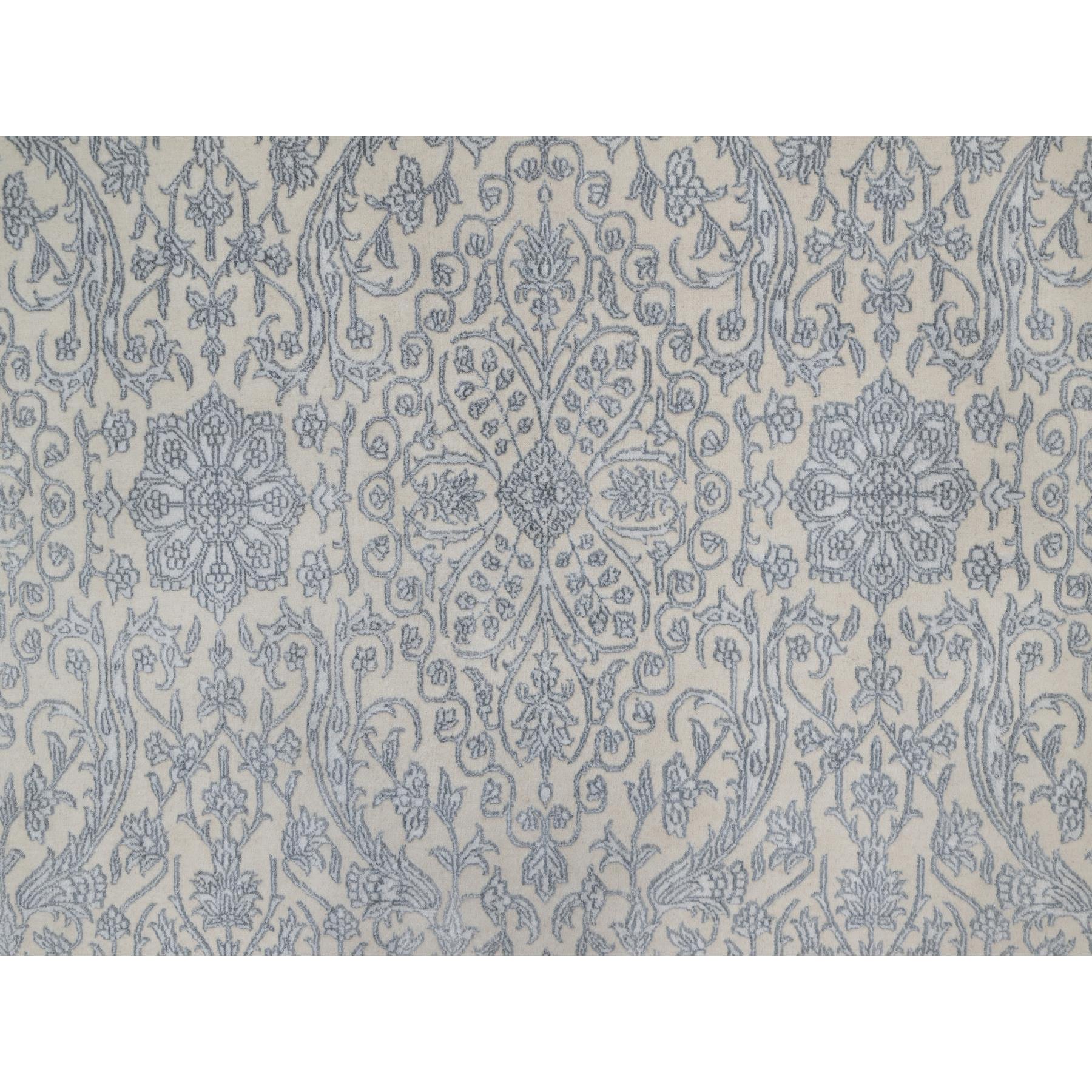 7'9"x10'2" Chiffon White, Light Tone on Tone with Persian Design, Wool and Plant Based Silk, Thick and Plush, 200 KPSI, Hand Knotted, Oriental Rug Sh91366