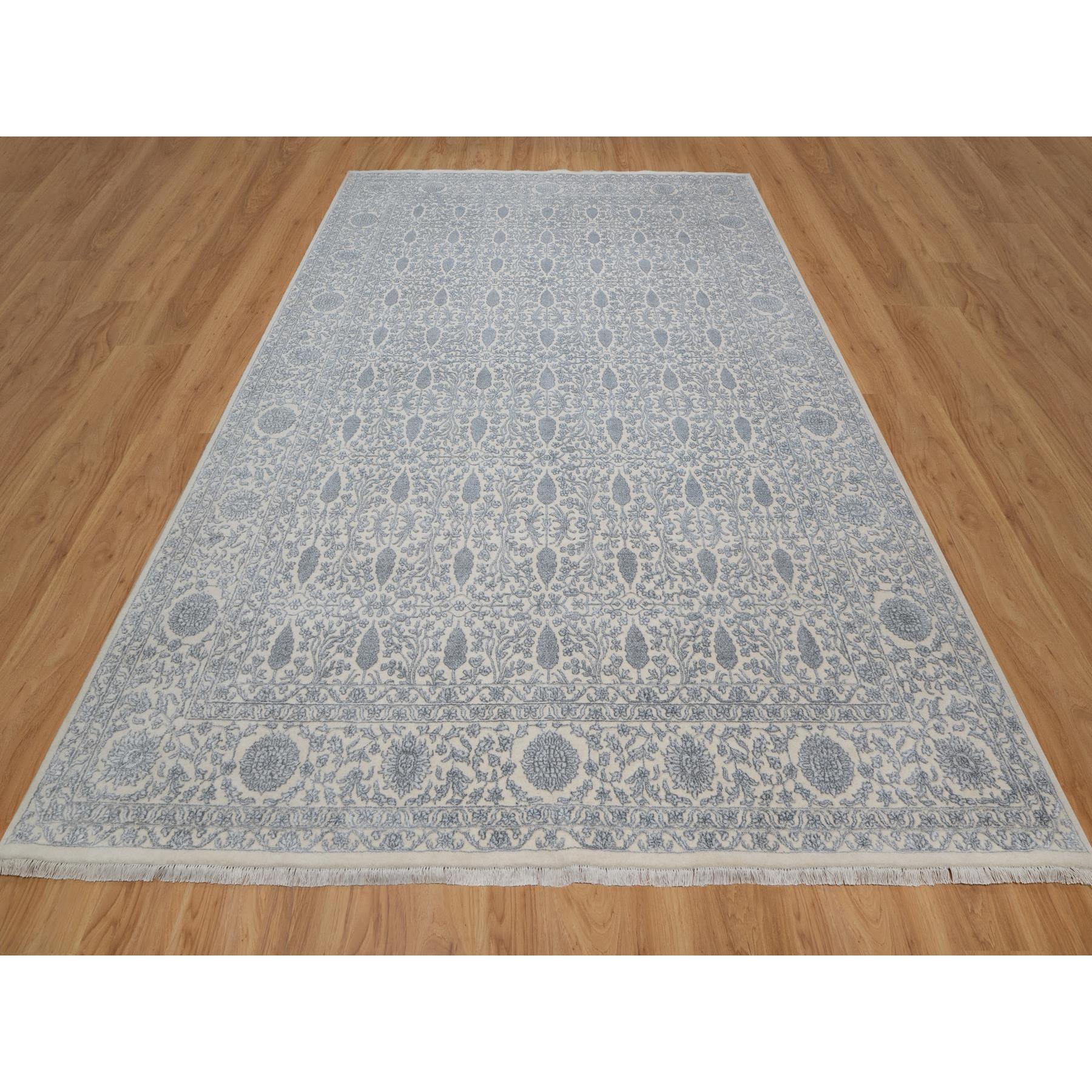 8'8"x12'1" Chiffon White, Persian Design with Repetitive Floral Motifs, Light Tone on Tone, Wool and Plant Based Silk, Thick and Plush, 200 KPSI, Hand Knotted, Oriental Rug Sh91367