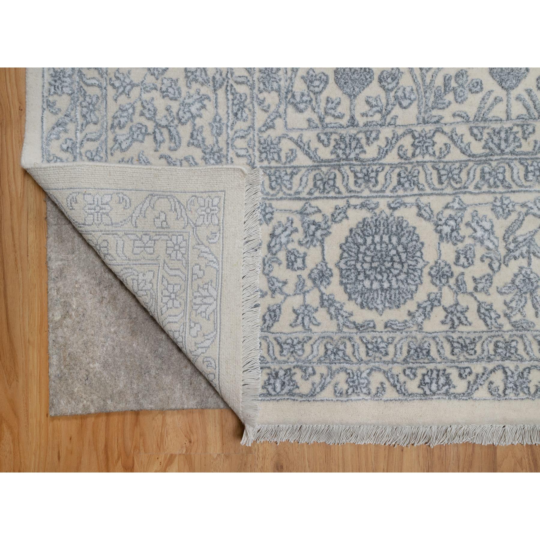 8'8"x12'1" Chiffon White, Persian Design with Repetitive Floral Motifs, Light Tone on Tone, Wool and Plant Based Silk, Thick and Plush, 200 KPSI, Hand Knotted, Oriental Rug Sh91367