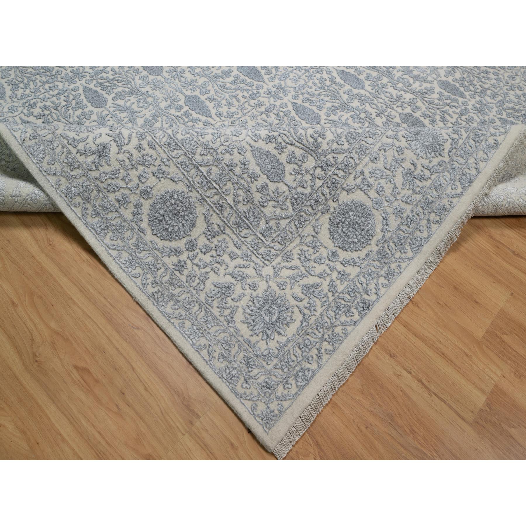 8'8"x12'1" Chiffon White, Persian Design with Repetitive Floral Motifs, Light Tone on Tone, Wool and Plant Based Silk, Thick and Plush, 200 KPSI, Hand Knotted, Oriental Rug Sh91367