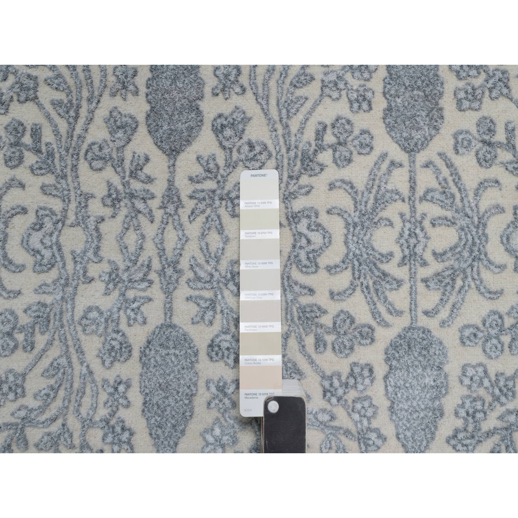 8'8"x12'1" Chiffon White, Persian Design with Repetitive Floral Motifs, Light Tone on Tone, Wool and Plant Based Silk, Thick and Plush, 200 KPSI, Hand Knotted, Oriental Rug Sh91367