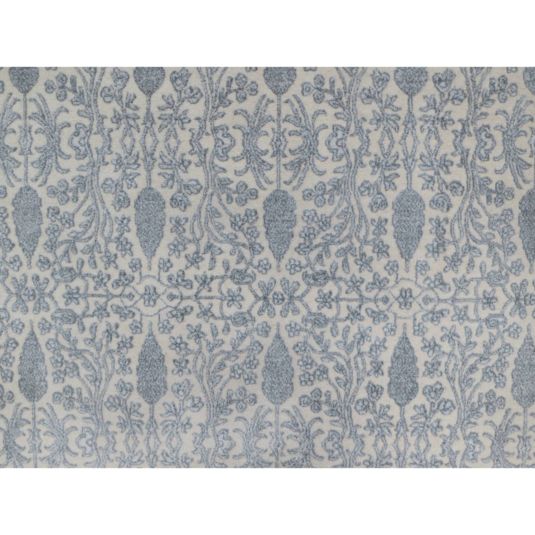 8'8"x12'1" Chiffon White, Persian Design with Repetitive Floral Motifs, Light Tone on Tone, Wool and Plant Based Silk, Thick and Plush, 200 KPSI, Hand Knotted, Oriental Rug Sh91367