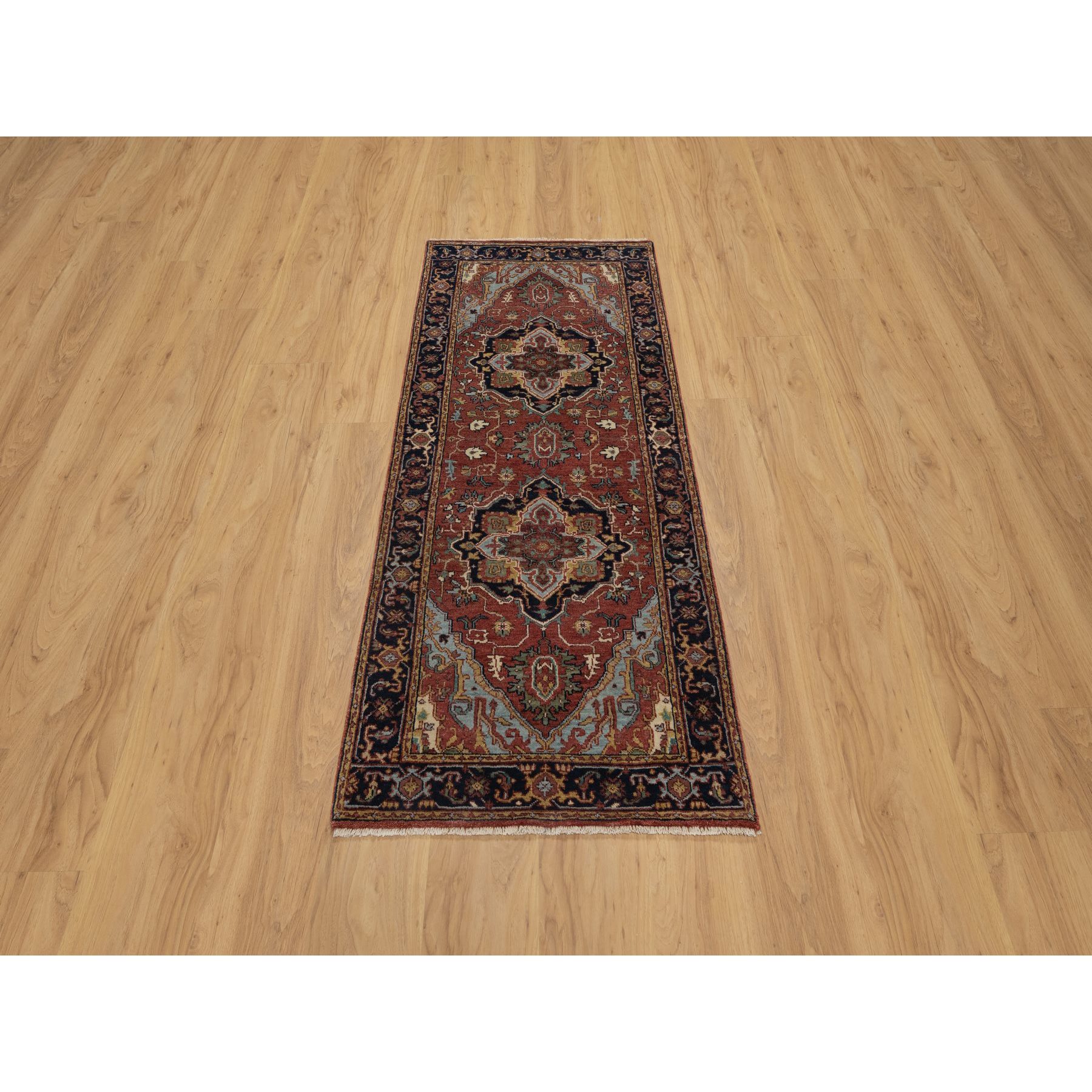 2'7"x6'1" Brick Red, Antiqued Fine Heriz Re-Creation, Denser Weave, Vegetable Dyes, Lush and Plush, 100% Wool, Hand Knotted, Runner, Oriental Rug Sh91368