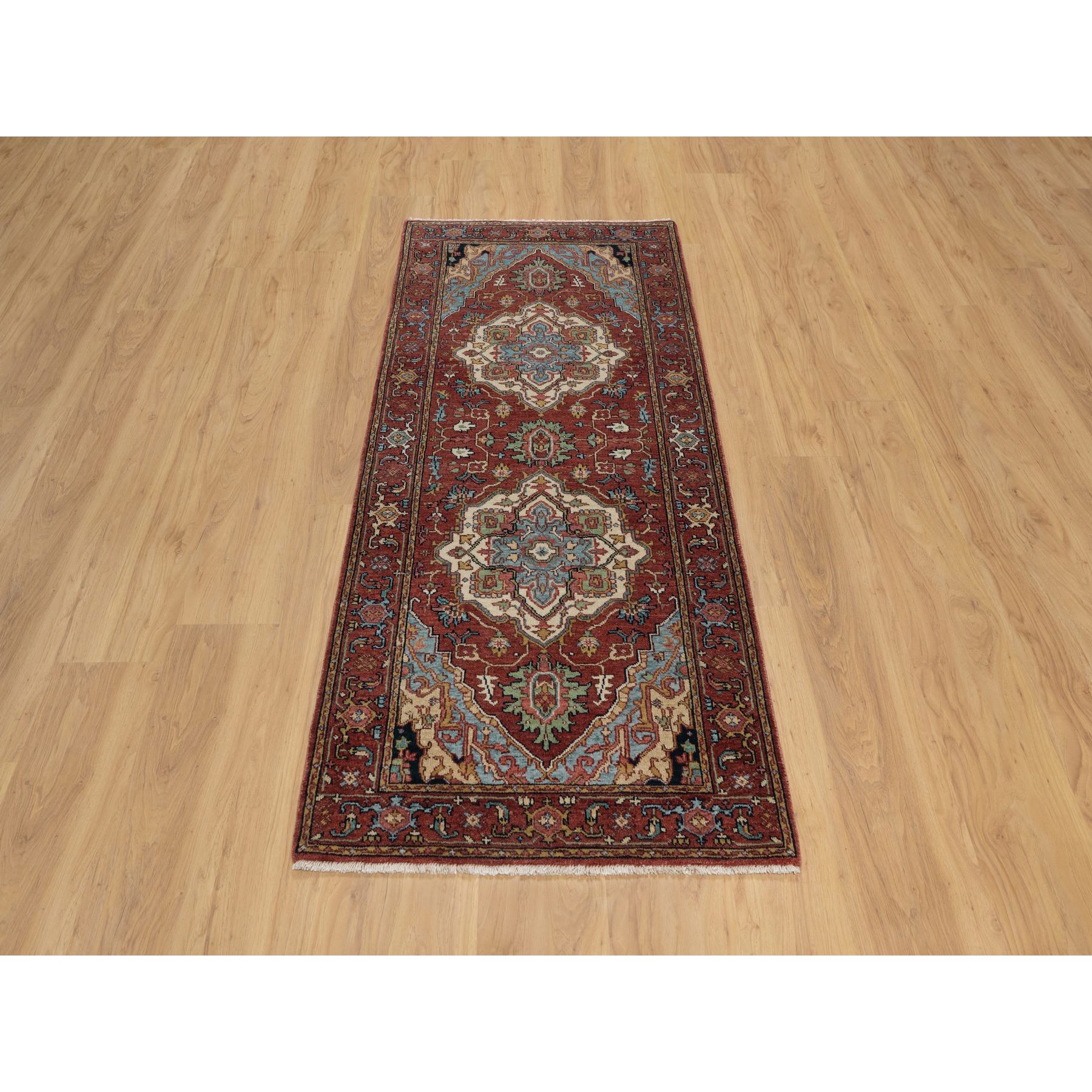 2'8"x6'2" Brick Red, Antiqued Fine Heriz Re-Creation, Hand Knotted, Plush and Lush, Denser Weave, Vegetable Dyes, Soft Wool, Oriental, Runner, Rug Sh91371