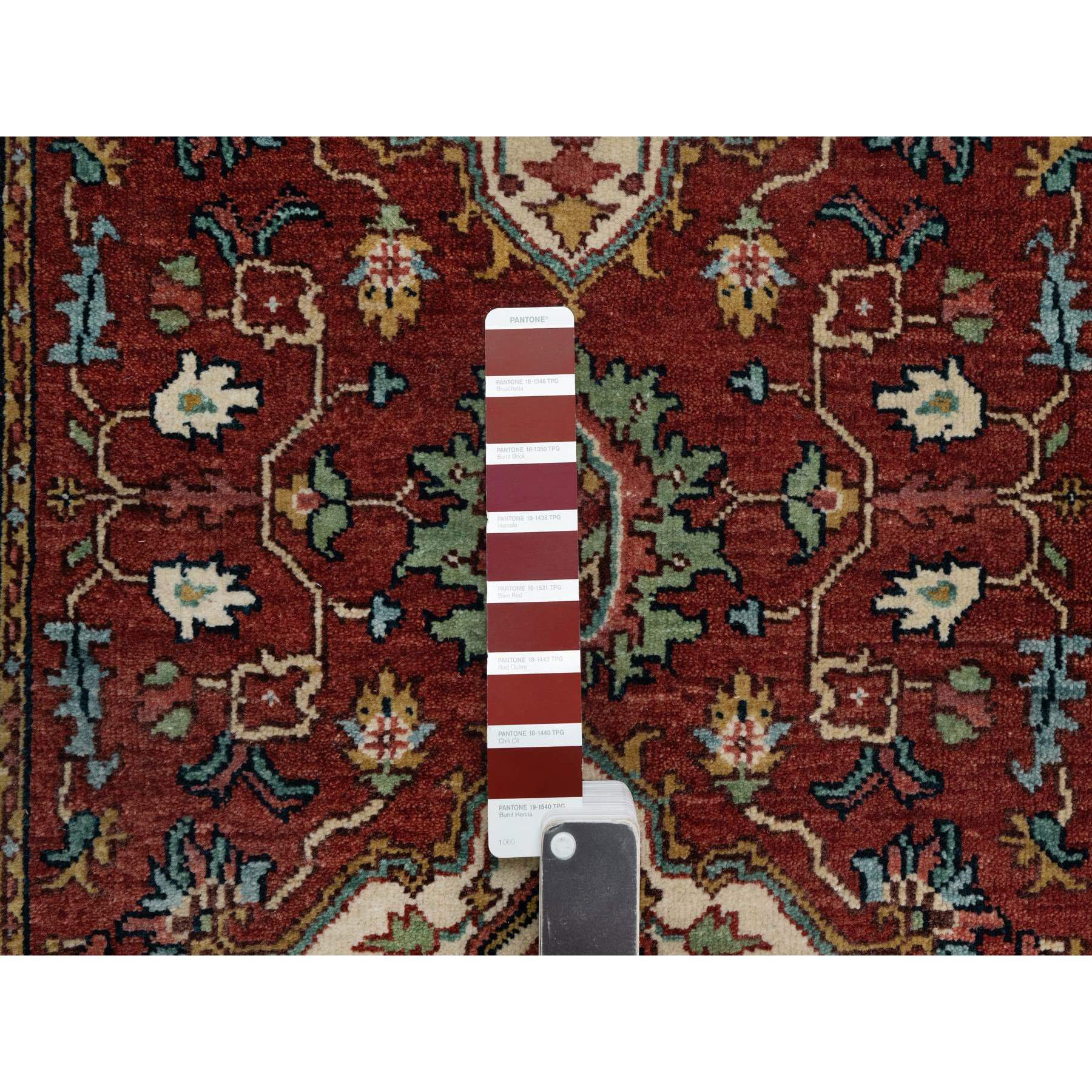 2'8"x6'2" Brick Red, Antiqued Fine Heriz Re-Creation, Hand Knotted, Plush and Lush, Denser Weave, Vegetable Dyes, Soft Wool, Oriental, Runner, Rug Sh91371