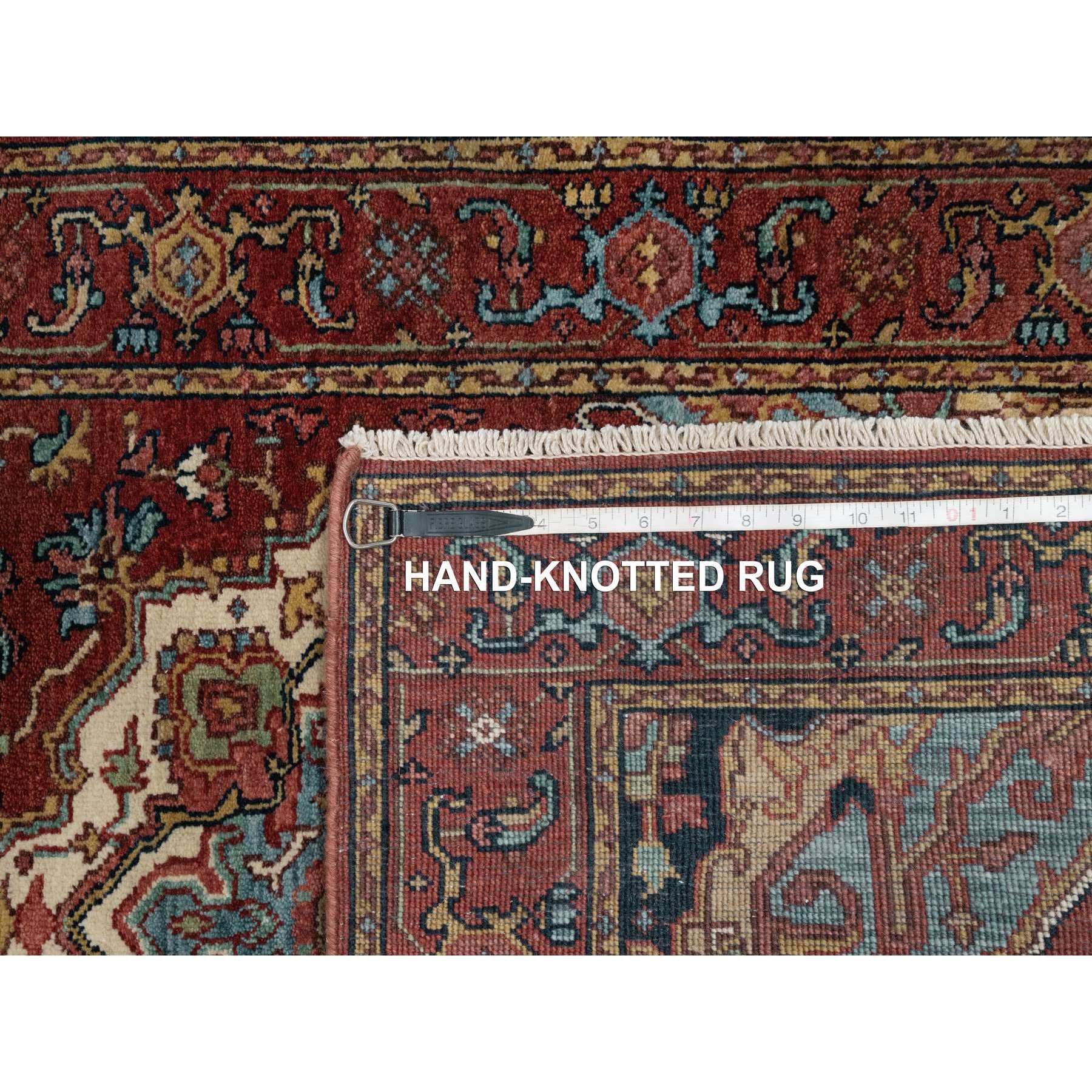 2'8"x6'2" Brick Red, Antiqued Fine Heriz Re-Creation, Hand Knotted, Plush and Lush, Denser Weave, Vegetable Dyes, Soft Wool, Oriental, Runner, Rug Sh91371