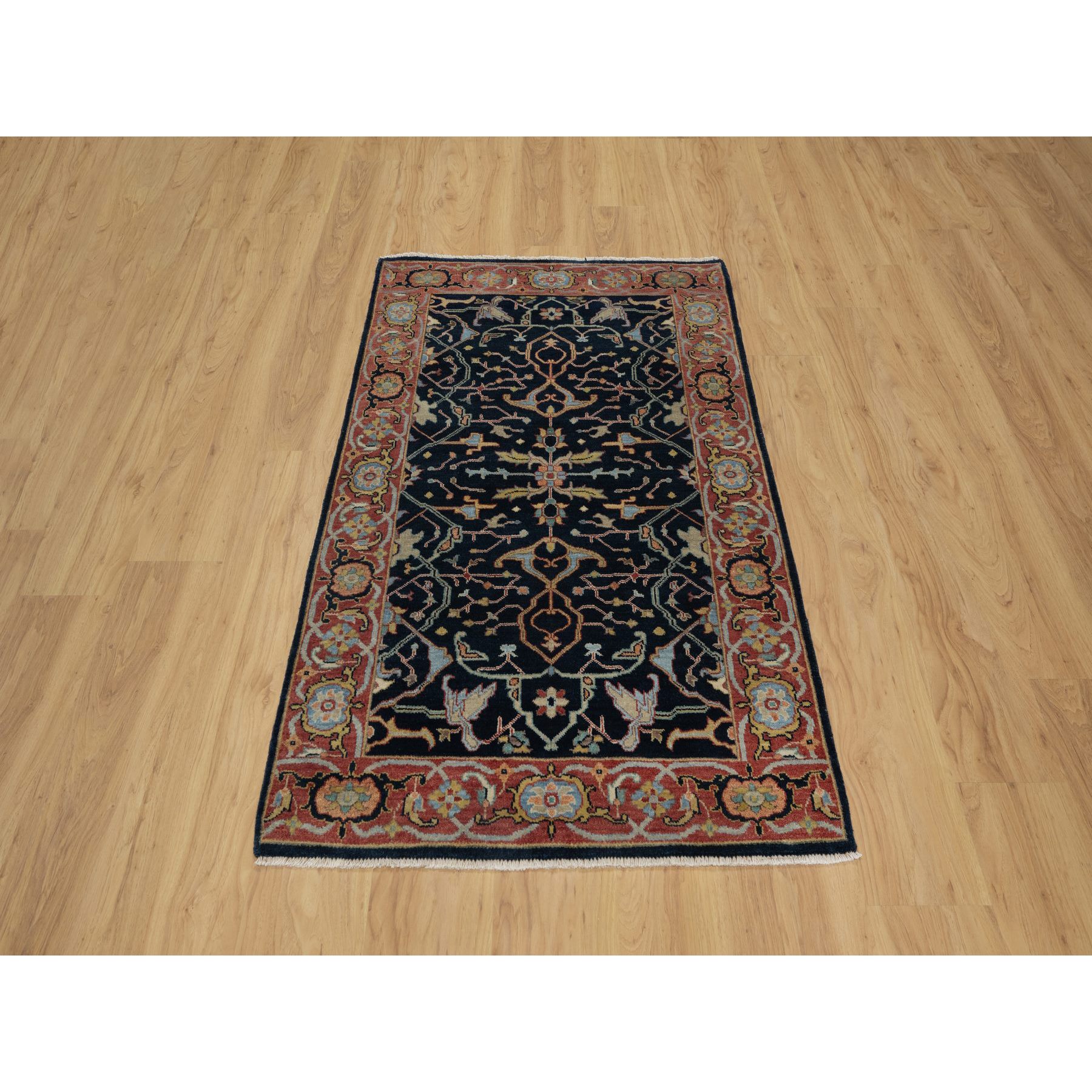 3'3"x5'3" Midnight Blue, Antiqued Fine Heriz Re-Creation with All Over Vines Design, Hand Knotted, Soft Pile, Vegetable Dyes, Natural Wool, Oriental Rug Sh91373