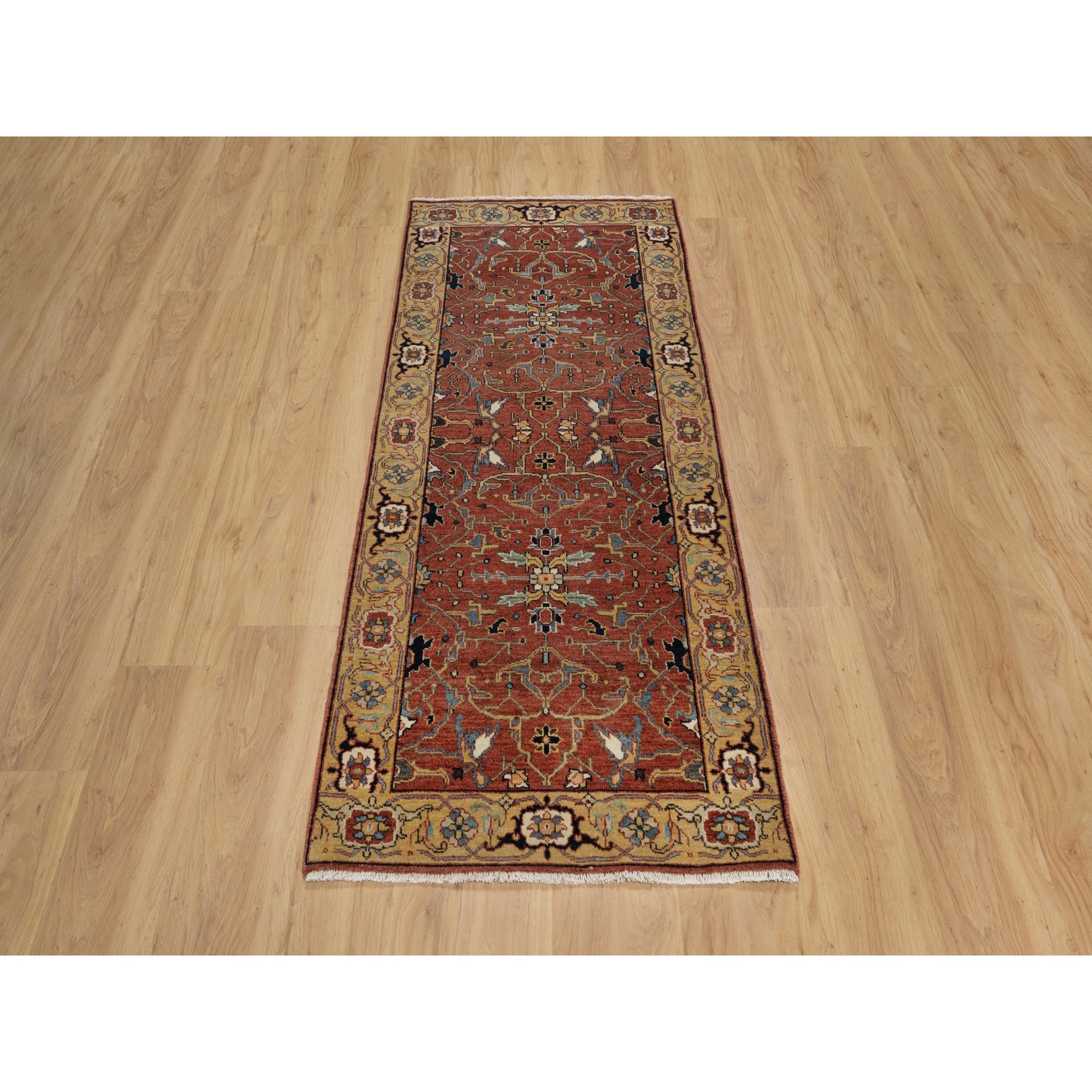 2'6"x6'1" Auburn Red, Antiqued Fine Heriz Re-Creation, Hand Knotted, All Over Pattern, 100% Wool, Vegetable Dyes and Denser Weave, Lush and Plush, Soft Pile, Runner, Oriental Rug Sh91374