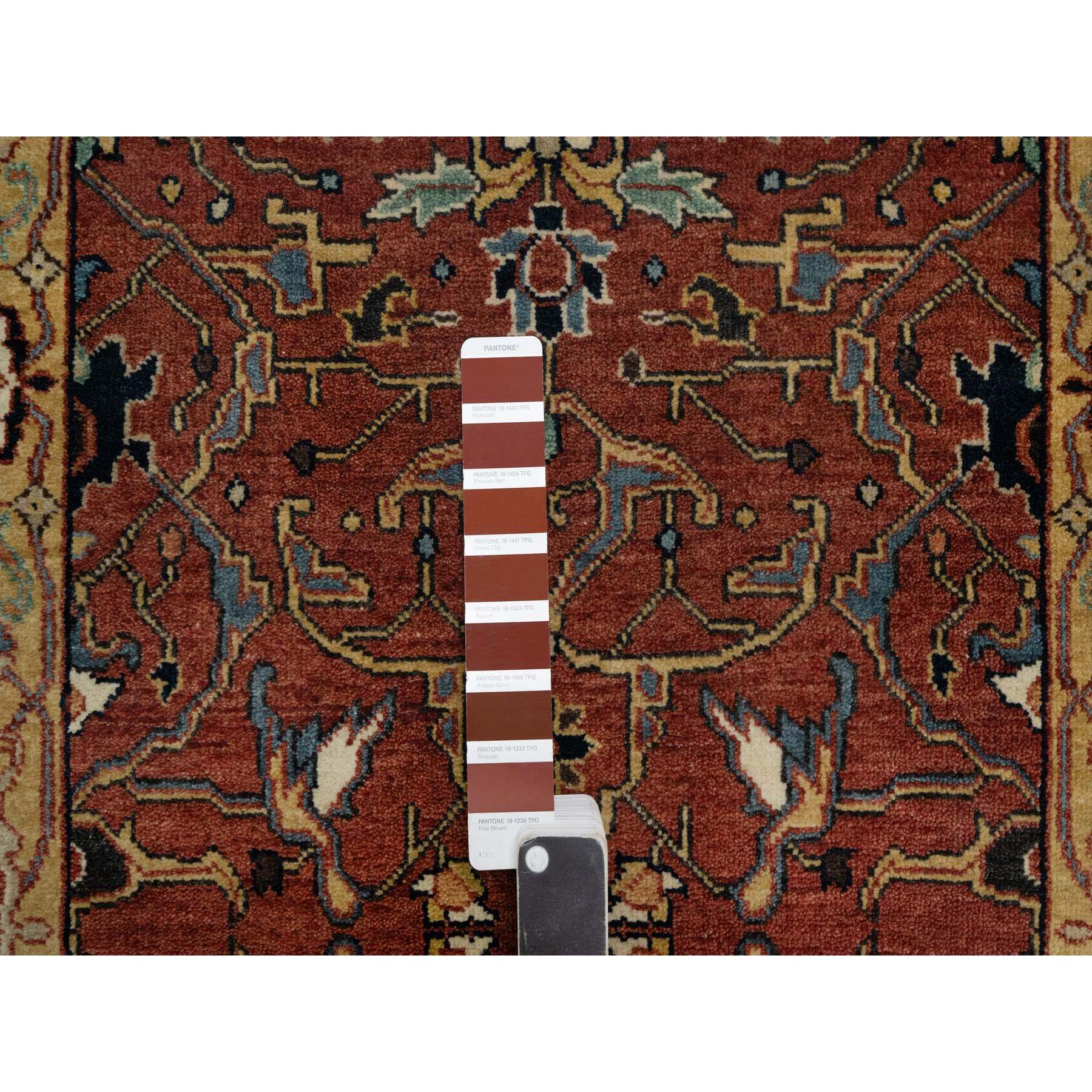 2'6"x6'1" Auburn Red, Antiqued Fine Heriz Re-Creation, Hand Knotted, All Over Pattern, 100% Wool, Vegetable Dyes and Denser Weave, Lush and Plush, Soft Pile, Runner, Oriental Rug Sh91374