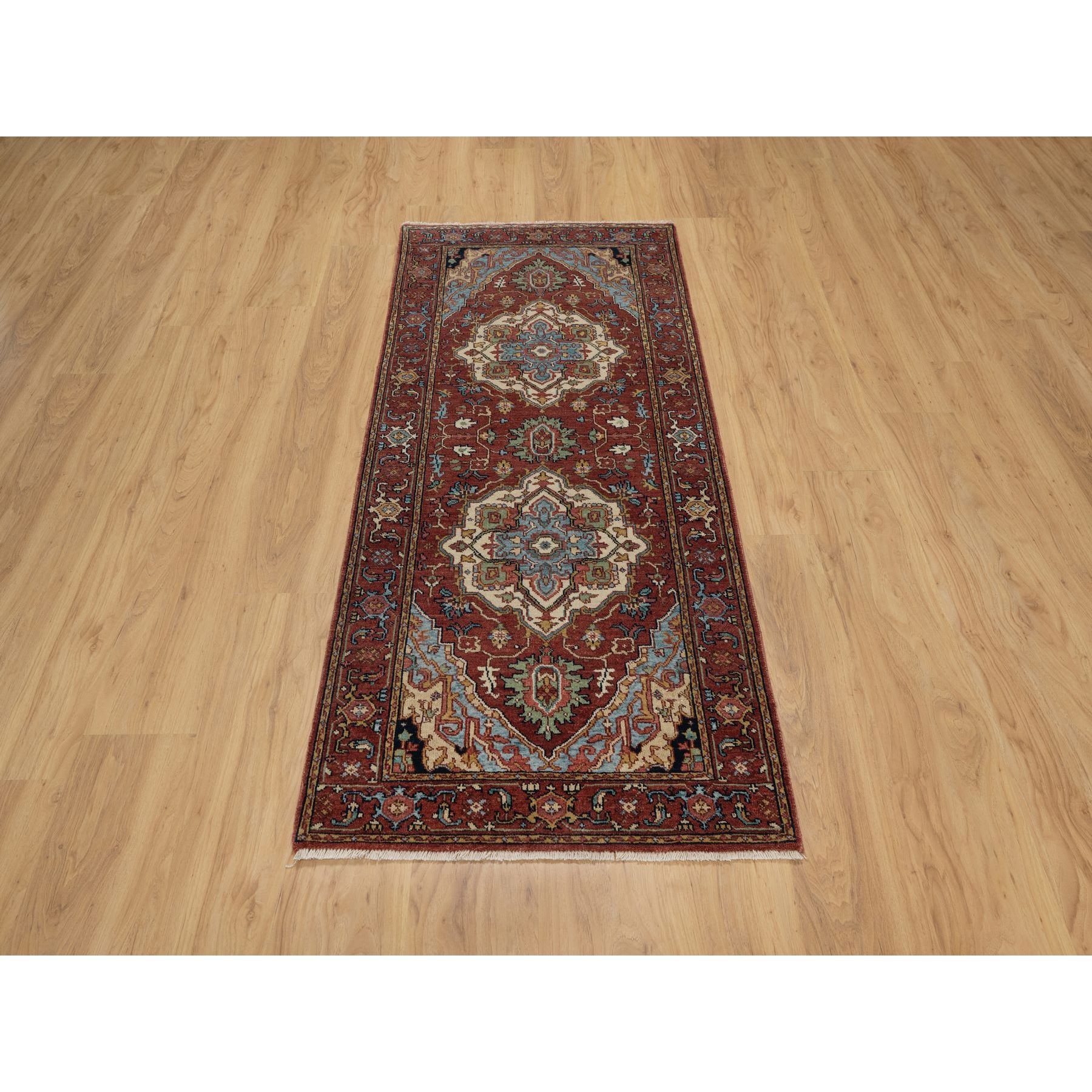 2'8"x6'3" Barn Red, Antiqued Fine Heriz Re-Creation, Hand Knotted, Soft Wool, Plush and Lush, Denser Weave, Vegetable Dyes, Oriental, Runner, Rug Sh91375