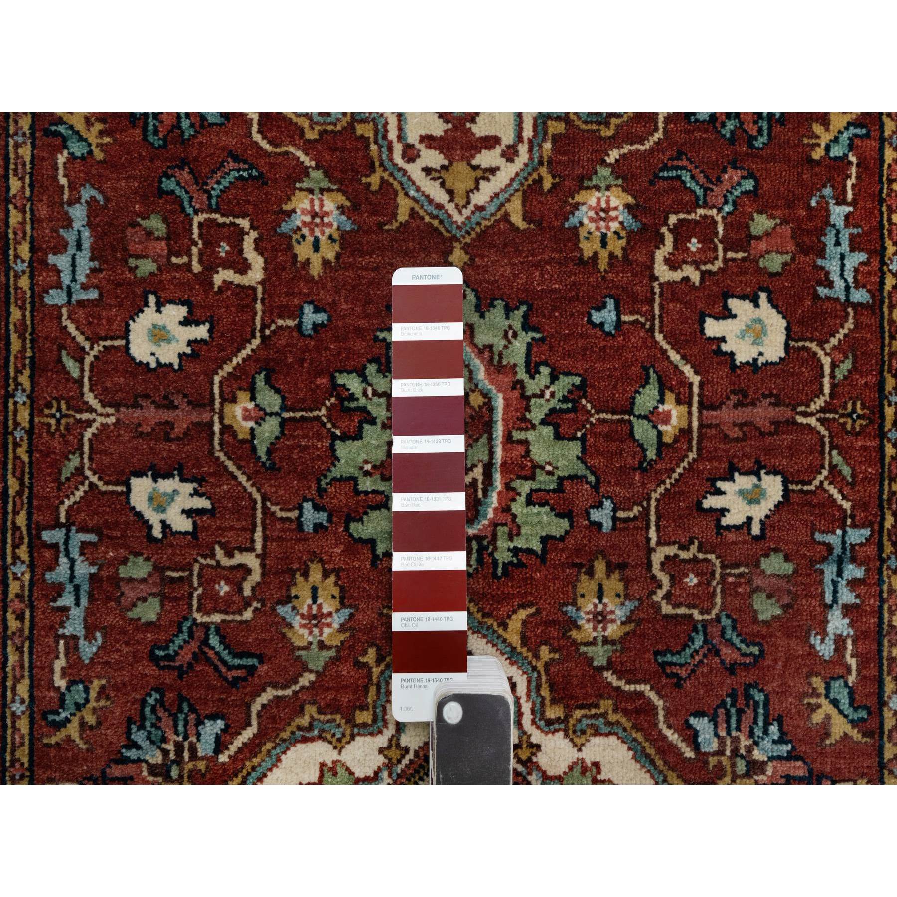 2'8"x6'3" Barn Red, Antiqued Fine Heriz Re-Creation, Hand Knotted, Soft Wool, Plush and Lush, Denser Weave, Vegetable Dyes, Oriental, Runner, Rug Sh91375