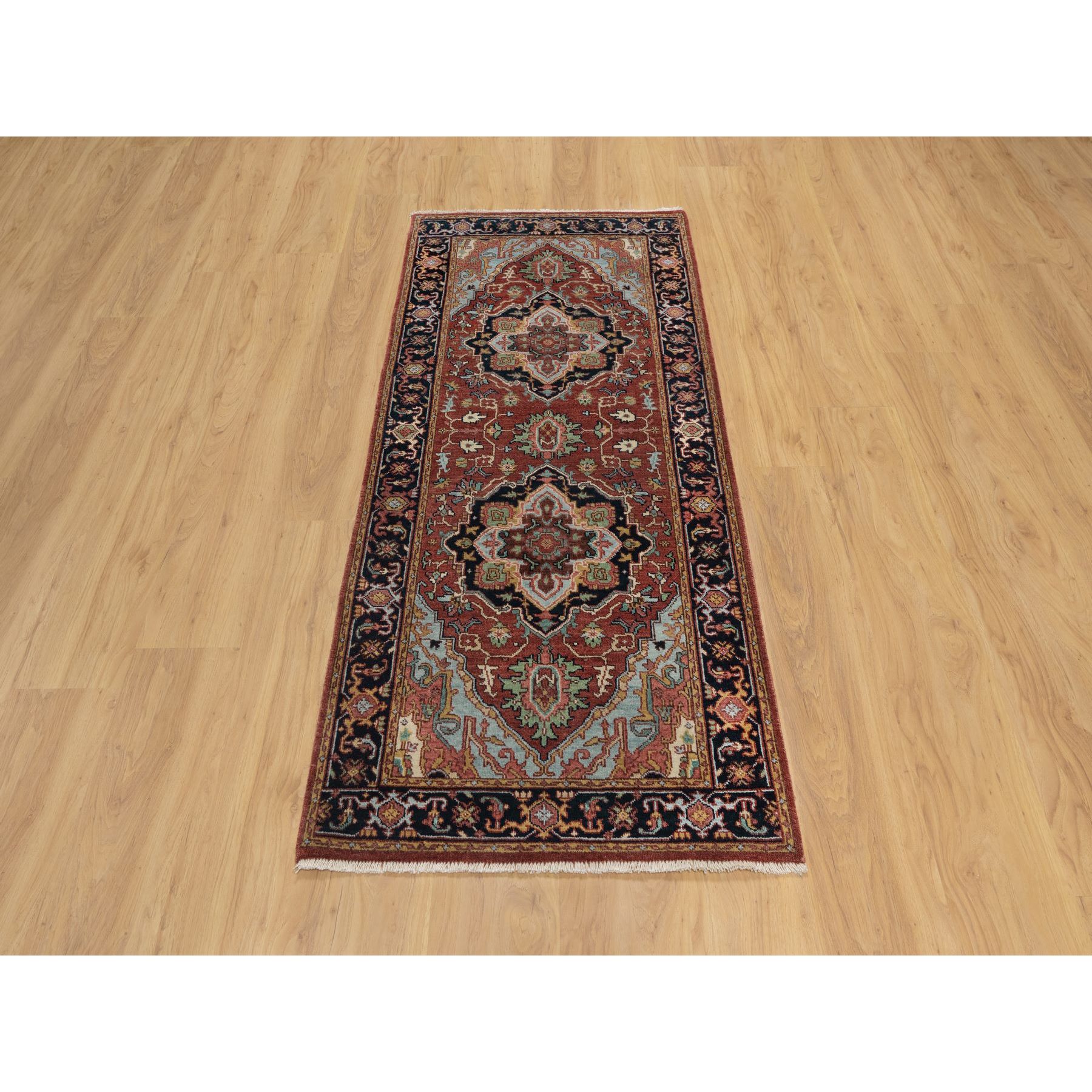 2'8"x6'2" Brick Red, Antiqued Fine Heriz Re-Creation, Denser Weave, Hand Knotted, Vegetable Dyes, Lush and Plush, 100% Wool, Runner, Oriental Rug Sh91377