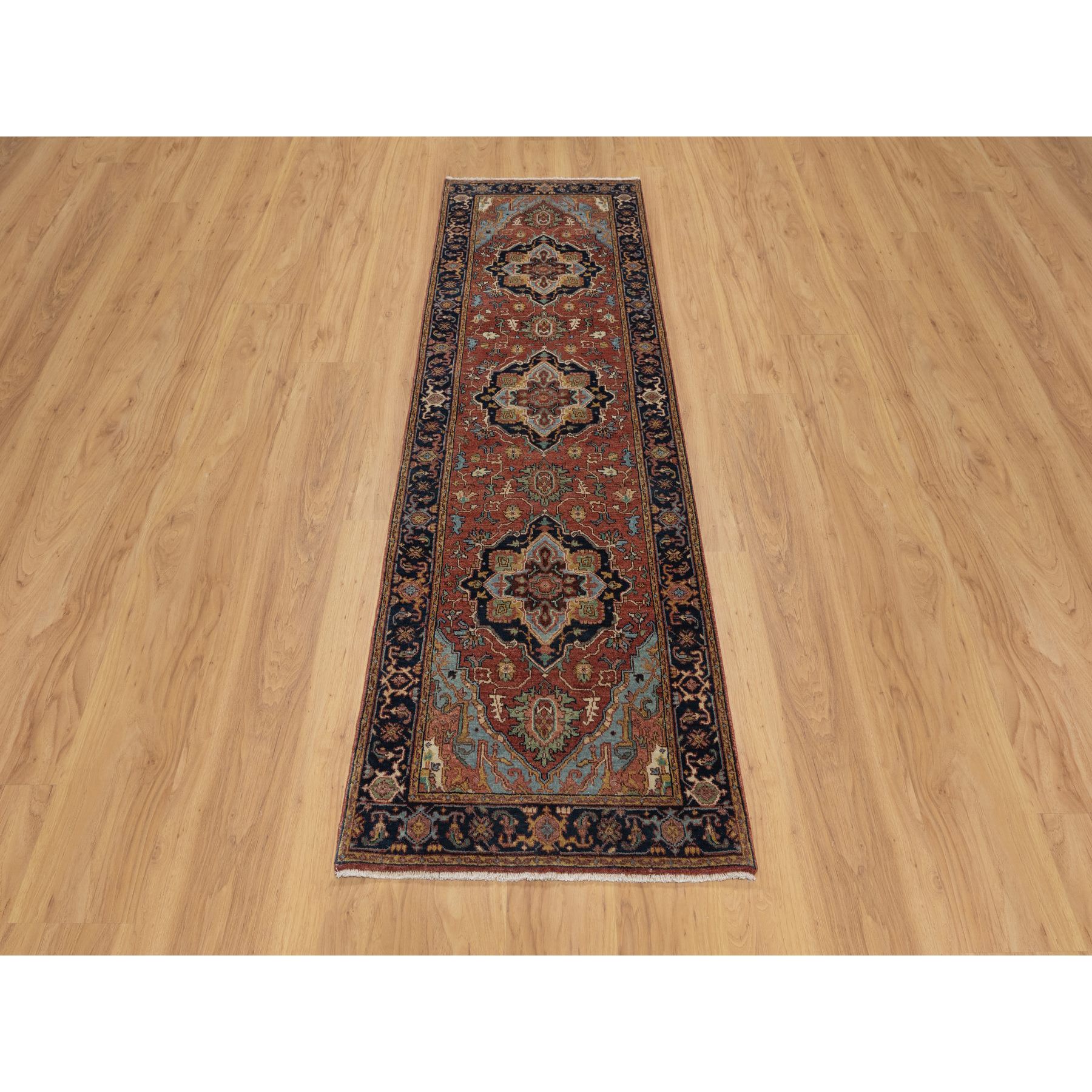 2'7"x8'1" Chili Oil Red, Antiqued Fine Heriz Re-Creation, Vegetable Dyes, Lush and Plush, Denser Weave, 100% Wool, Hand Knotted, Runner, Oriental Rug Sh91378
