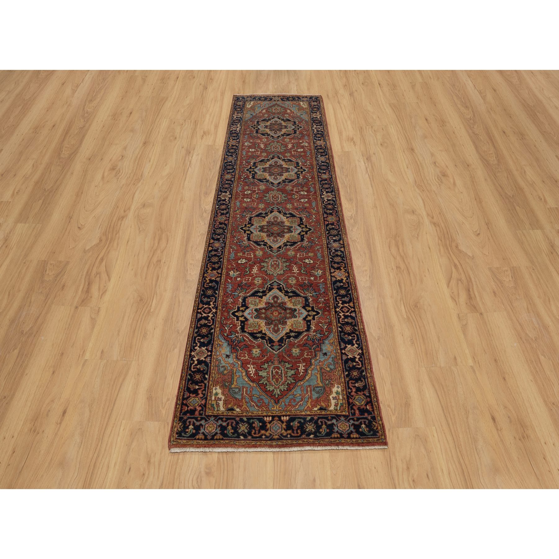 2'7"x10' Auburn Red, Antiqued Fine Heriz Re-Creation, Denser Weave, Hand Knotted, 100% Wool, Vegetable Dyes, Lush and Plush, Runner, Oriental Rug Sh91379