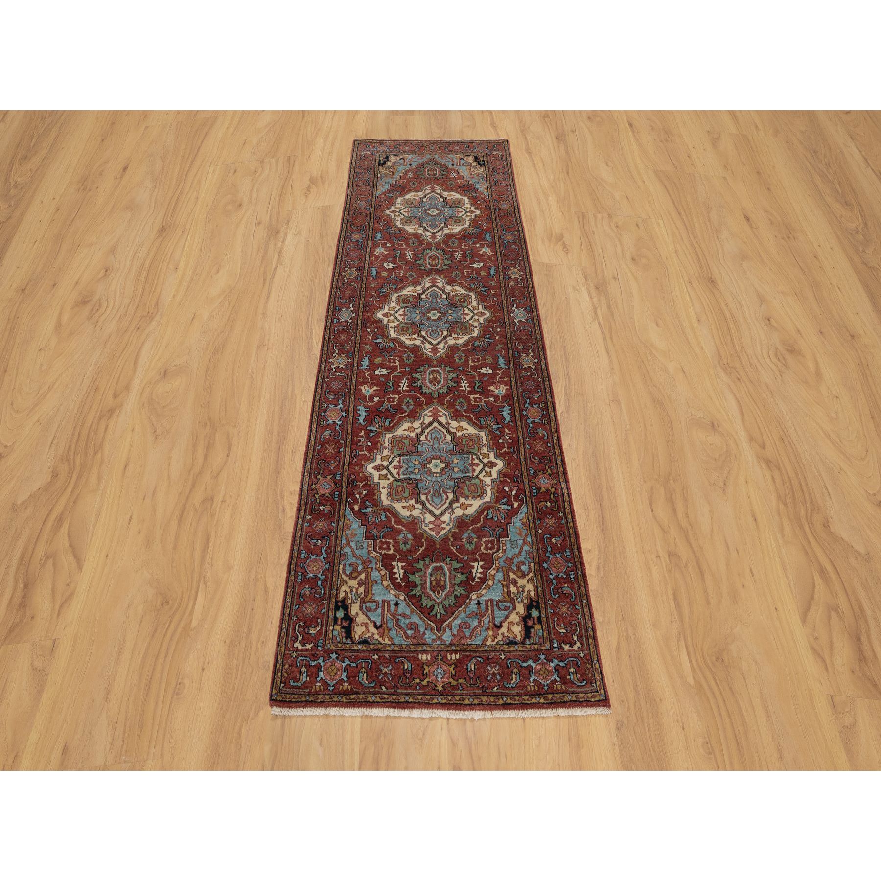 2'7"x8'2" Auburn Red, Antiqued Fine Heriz Re-Creation, Hand Knotted, Vegetable Dyes, Plush and Lush, Denser Weave, Soft Wool, Oriental, Runner, Rug Sh91380