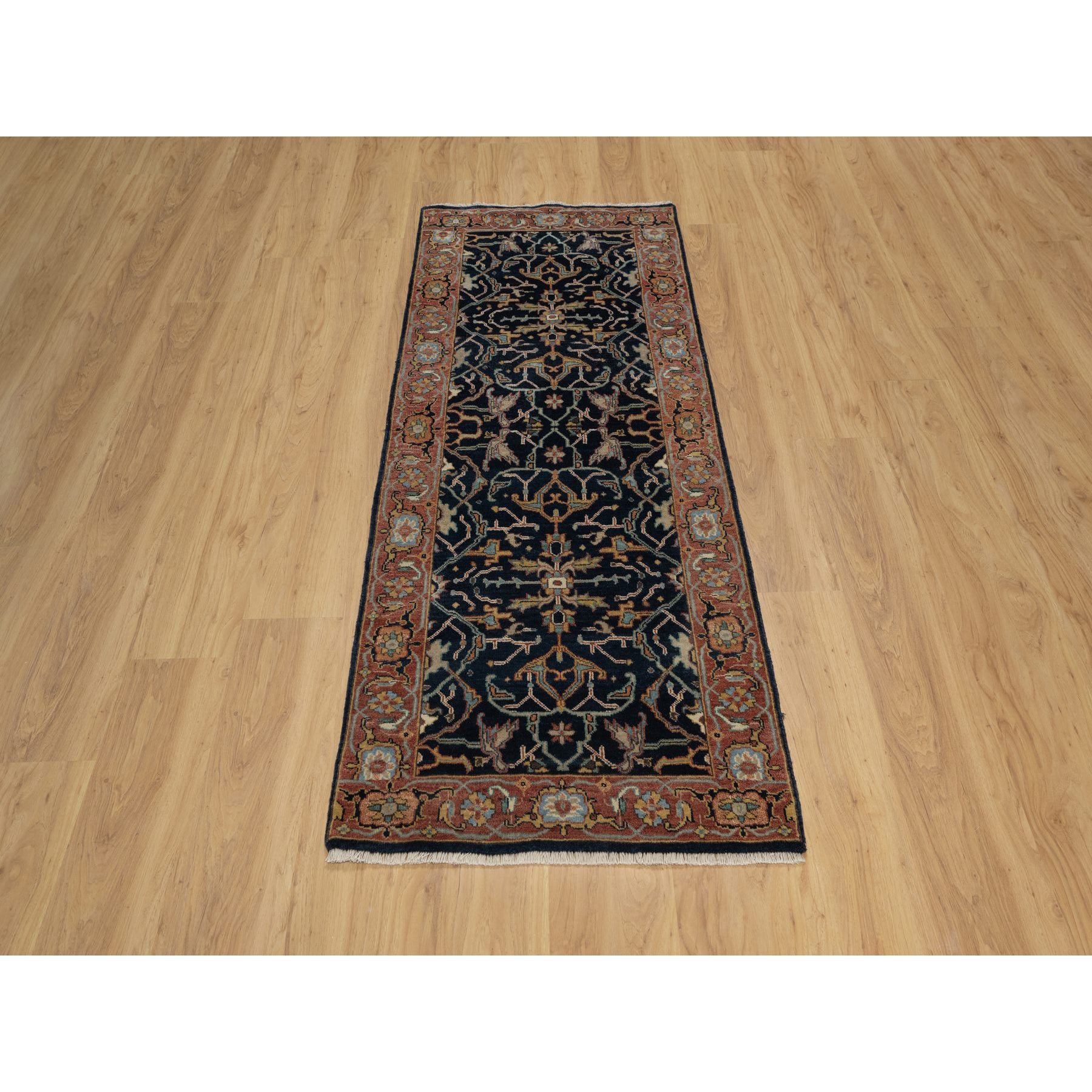 2'6"x6'2" Caviar Blue, Antiqued Fine Heriz Re-Creation with All Over Vines Design, Vegetable Dyes, Hand Knotted, Soft Pile, 100% Wool, Runner, Oriental Rug Sh91381