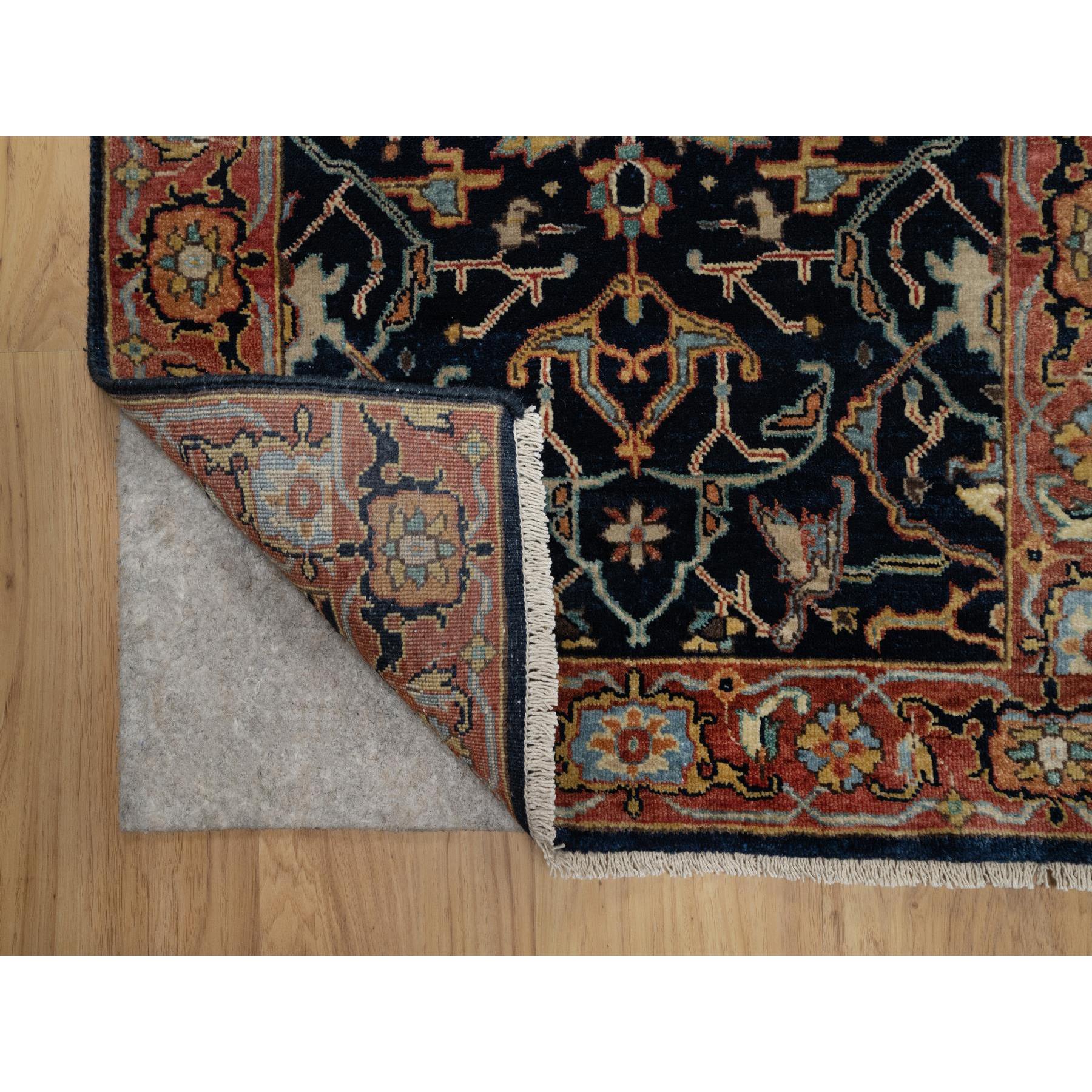 2'6"x6'2" Caviar Blue, Antiqued Fine Heriz Re-Creation with All Over Vines Design, Vegetable Dyes, Hand Knotted, Soft Pile, 100% Wool, Runner, Oriental Rug Sh91381