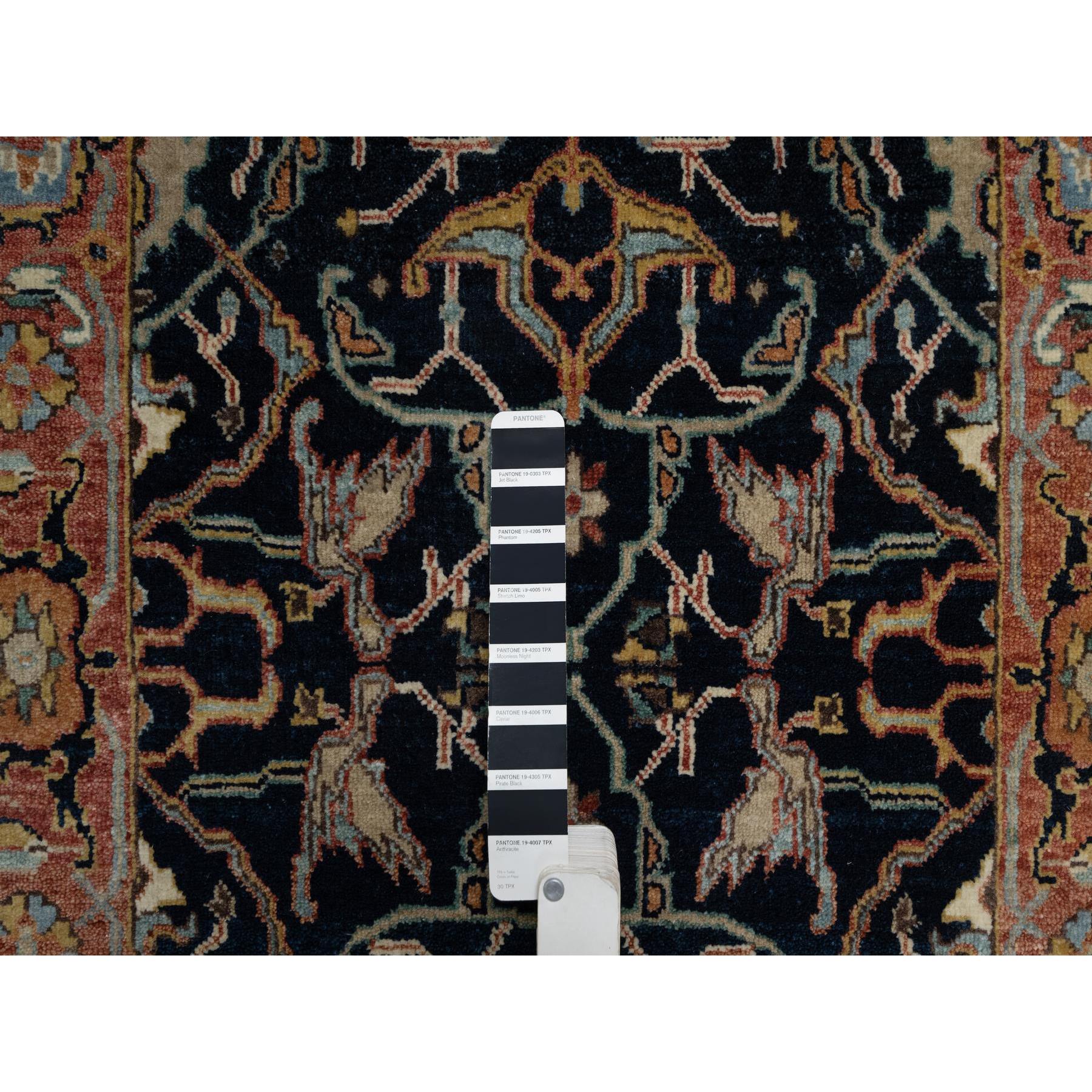 2'6"x6'2" Caviar Blue, Antiqued Fine Heriz Re-Creation with All Over Vines Design, Vegetable Dyes, Hand Knotted, Soft Pile, 100% Wool, Runner, Oriental Rug Sh91381