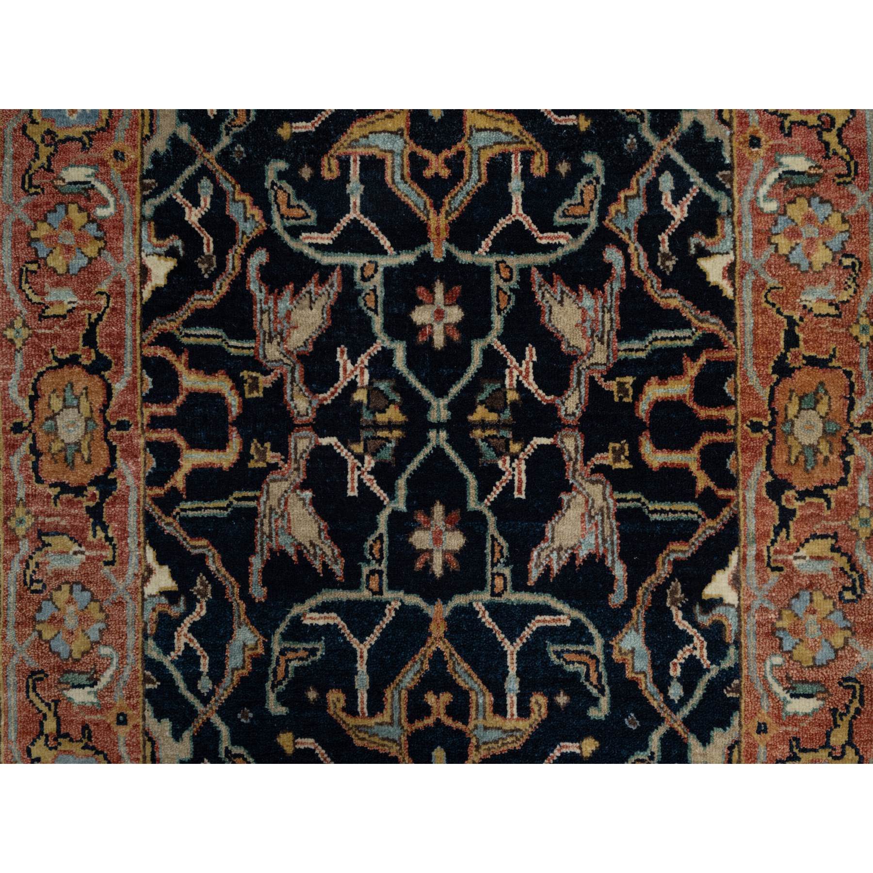 2'6"x6'2" Caviar Blue, Antiqued Fine Heriz Re-Creation with All Over Vines Design, Vegetable Dyes, Hand Knotted, Soft Pile, 100% Wool, Runner, Oriental Rug Sh91381