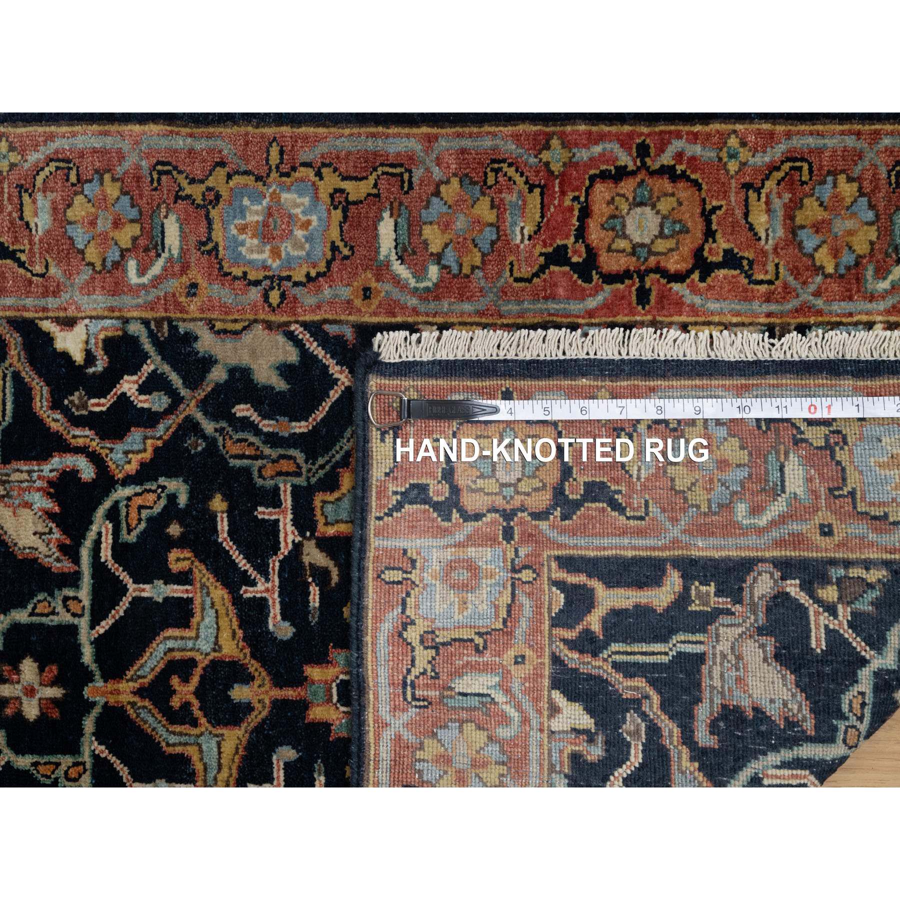 2'6"x6'2" Caviar Blue, Antiqued Fine Heriz Re-Creation with All Over Vines Design, Vegetable Dyes, Hand Knotted, Soft Pile, 100% Wool, Runner, Oriental Rug Sh91381