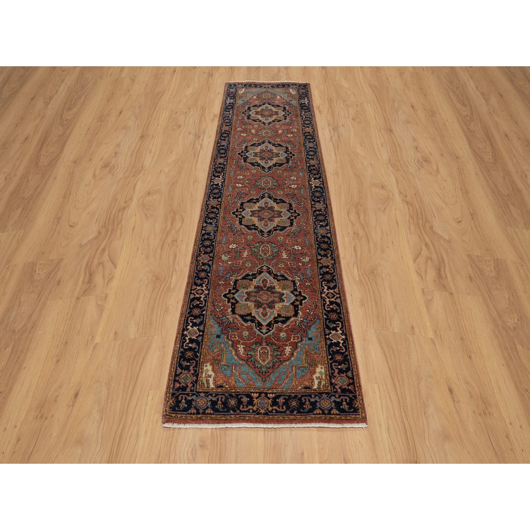 2'7"x10'1" Brick Red, Antiqued Fine Heriz Re-Creation, Denser Weave, Vegetable Dyes, Lush and Plush, Soft Wool, Hand Knotted, Runner, Oriental Rug Sh91382