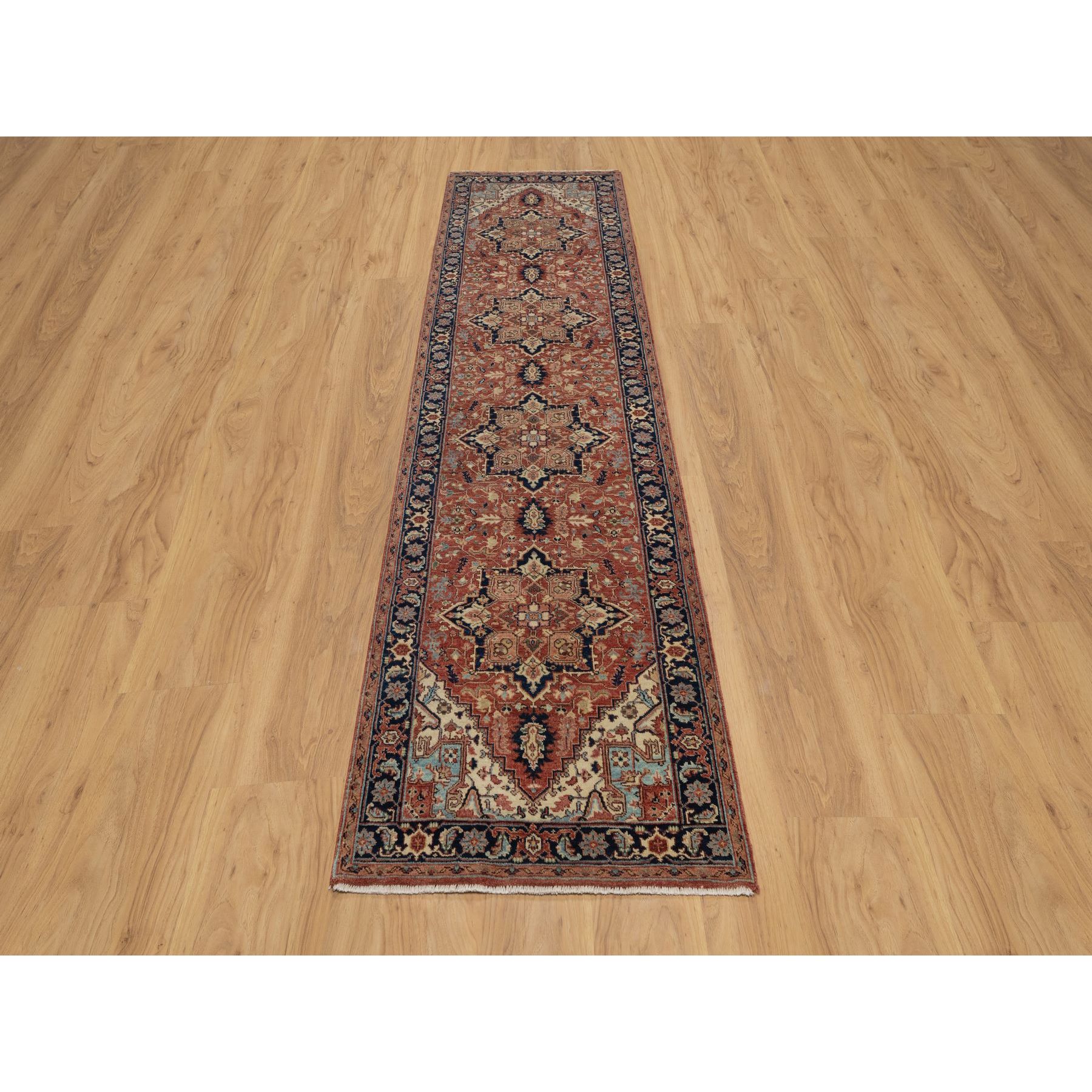 2'7"x10'2" Auburn Red, Antiqued Fine Heriz Re-Creation with Star Medallion Design, Hand Knotted, Hand Spun New Zealand Wool, Soft and Plush, Runner, Oriental Rug Sh91383